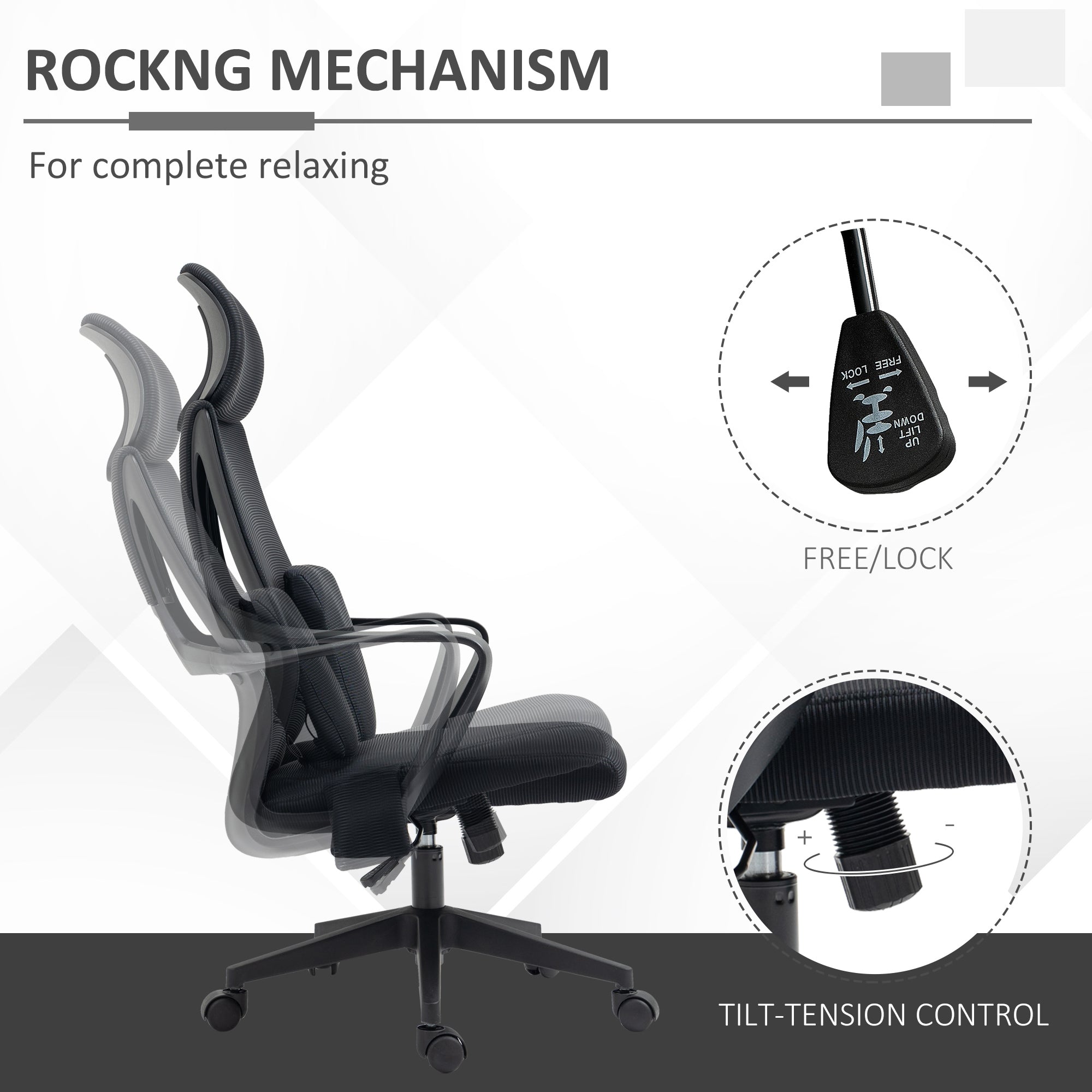 Vinsetto Office Chair High Back, Ergonomic Mesh Computer Chair Executive Task Chair with Massage Lumbar Support & Headrest Rocking Function for Adults, Black