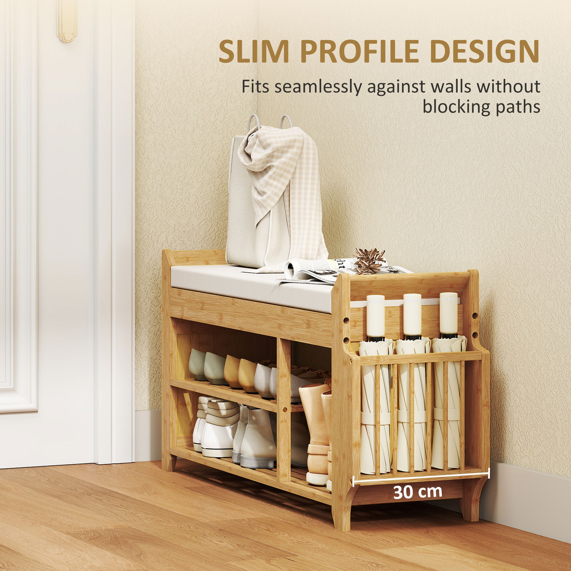 Shoe Bench with Cushioned Seat, 2-Tier Entryway Bench with Side Umbrella Holder, 39.4" in Natural Bamboo Shoe Rack for Hallway, Living Room, Natural and Cream