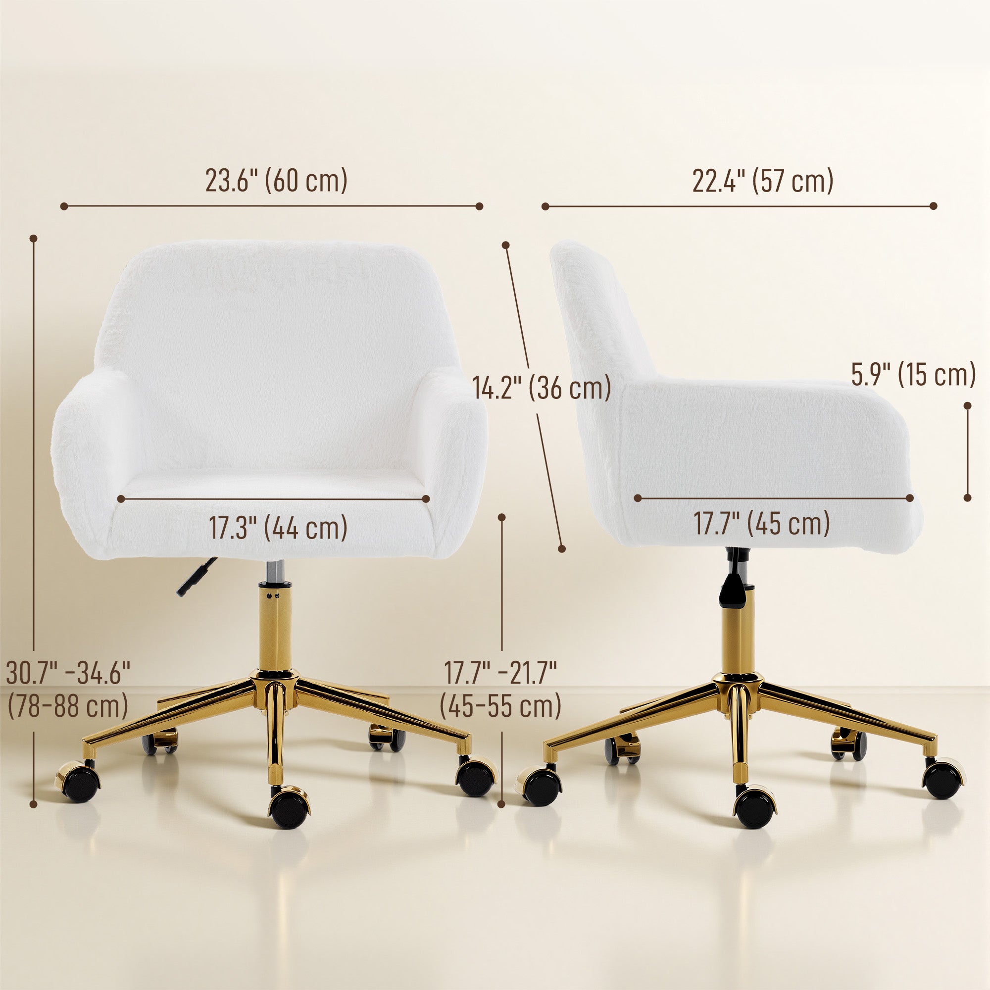 Swivel Office Chair, Faux Rabbit Fur Upholstered Vanity Desk Chair with Adjustable Height, Armrests and Wheels for Office, Makeup, Dressing Table, Cream White