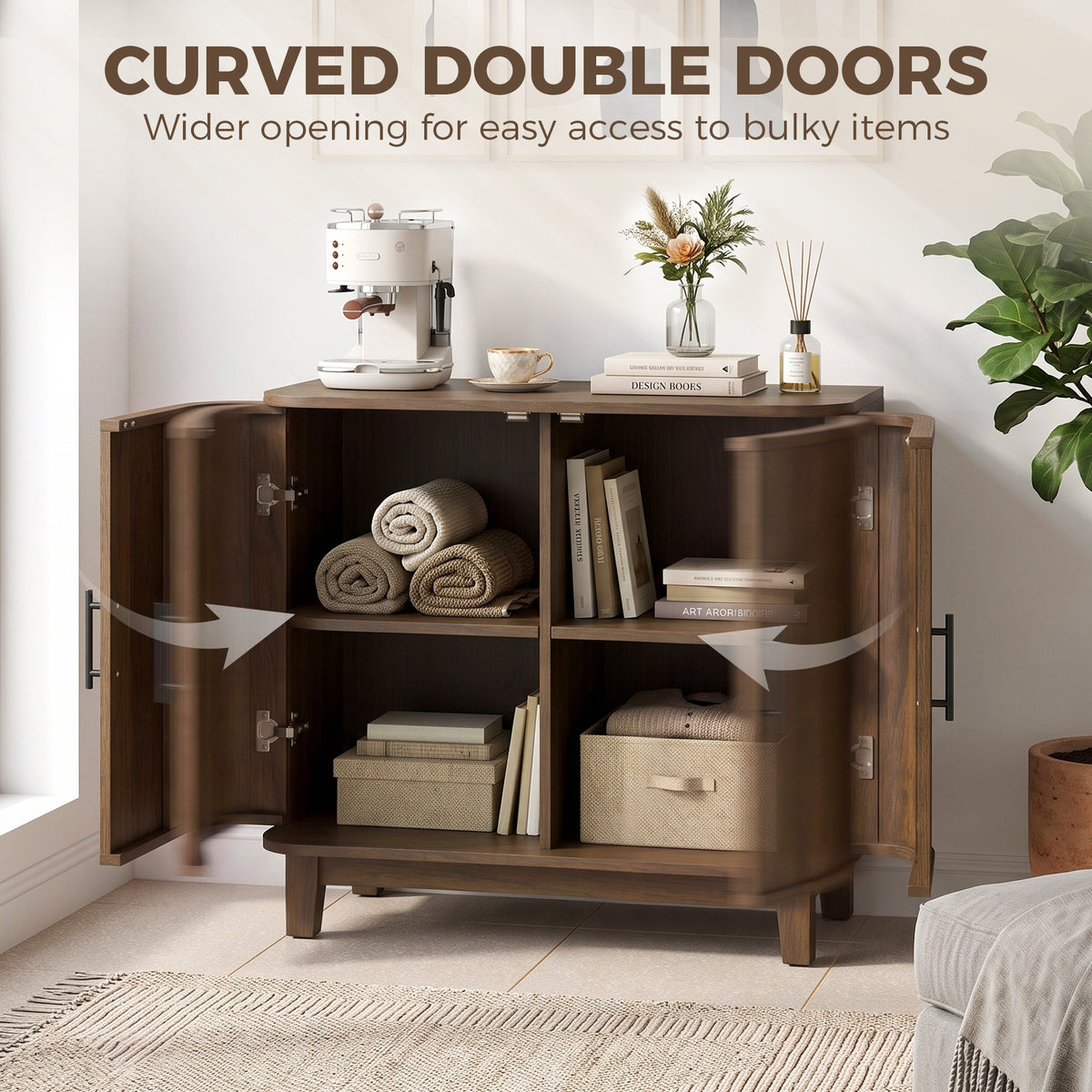 80cm Sideboard Buffet Cabinet, Modern Storage Cabinet with 2 Curved Doors, Adjustable Shelf and Legs for Dining Room, Hallway, Dark Walnut