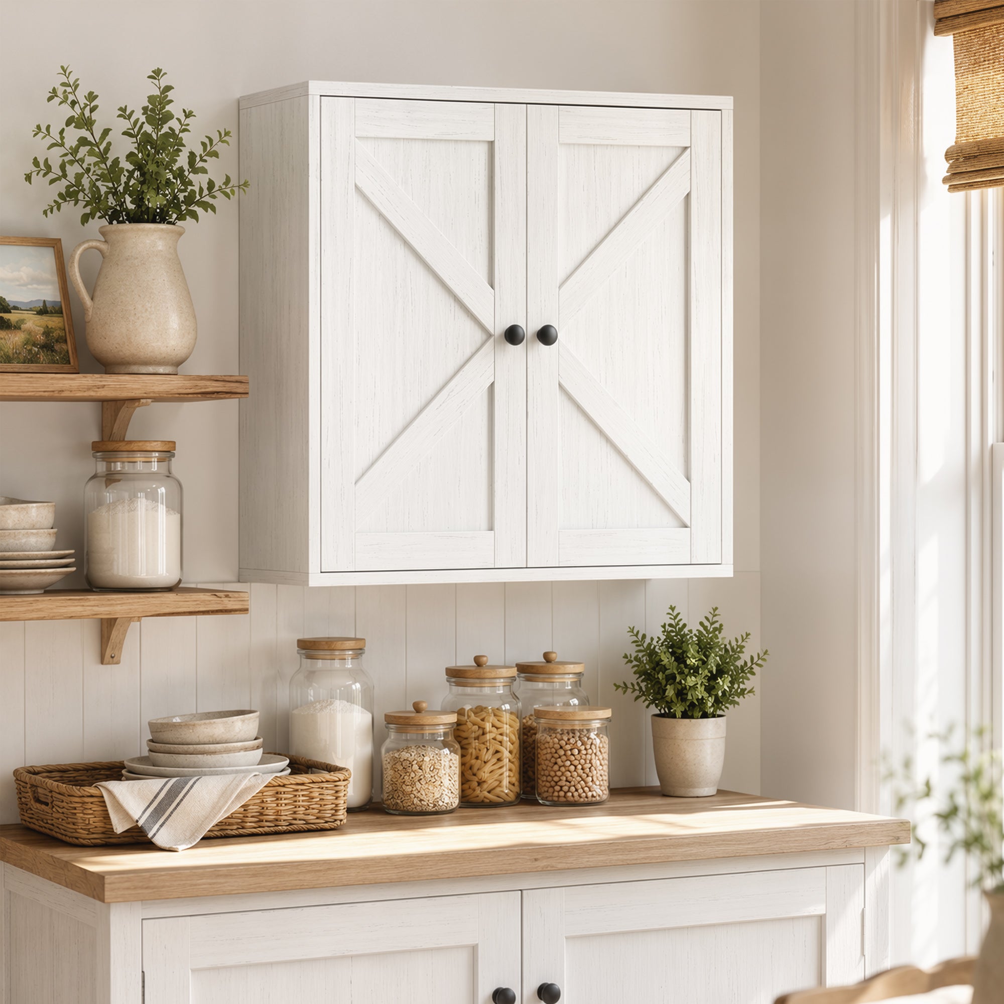 Bathroom Wall Cabinet, Farmhouse Medicine Cabinet, Over The Toilet Space Saver with 2 Shelves, Adjustable Shelf, Barn Doors for Bathroom, Laundry Room, White Wood Grain