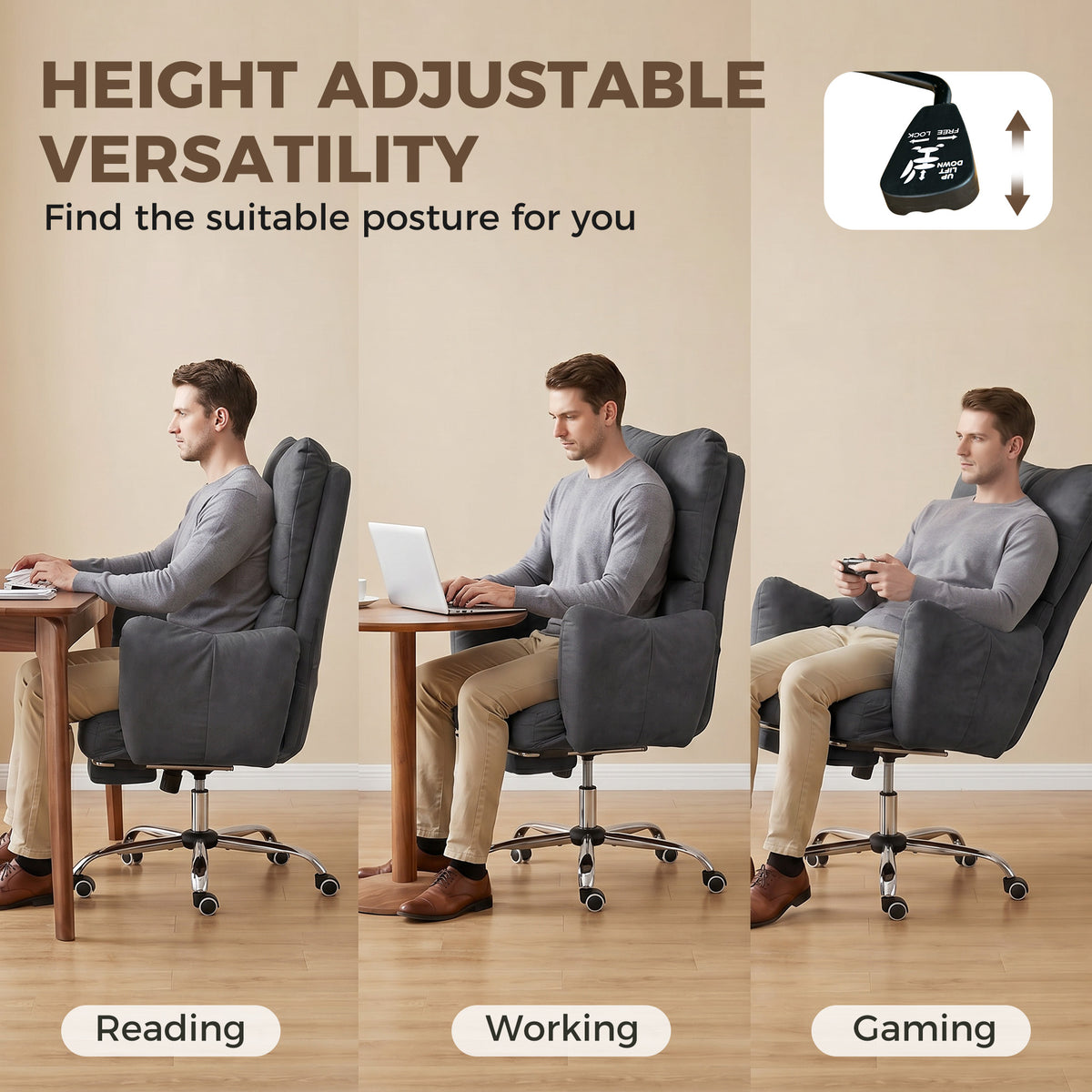 Office Chair with Foot Rest, Ergonomic Reclining Computer Gaming Chair with Snow Flannel Fabric, Thick Cushion, Padded Armrest, High Back and Adjustable Height, Dark Grey