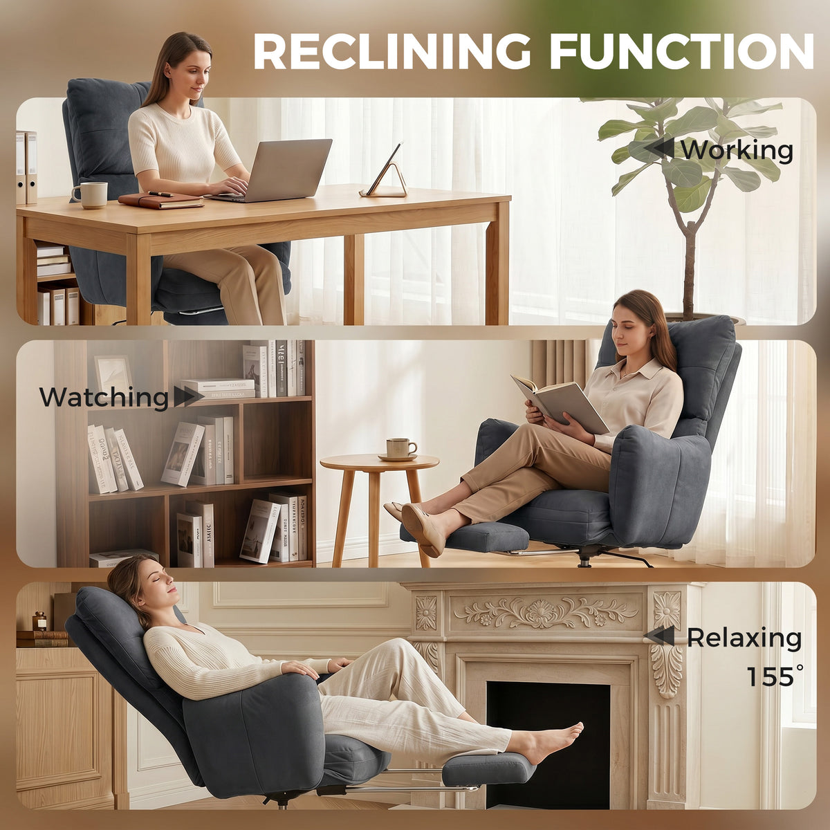 Office Chair with Foot Rest, Ergonomic Reclining Computer Gaming Chair with Snow Flannel Fabric, Thick Cushion, Padded Armrest, High Back and Adjustable Height, Dark Grey