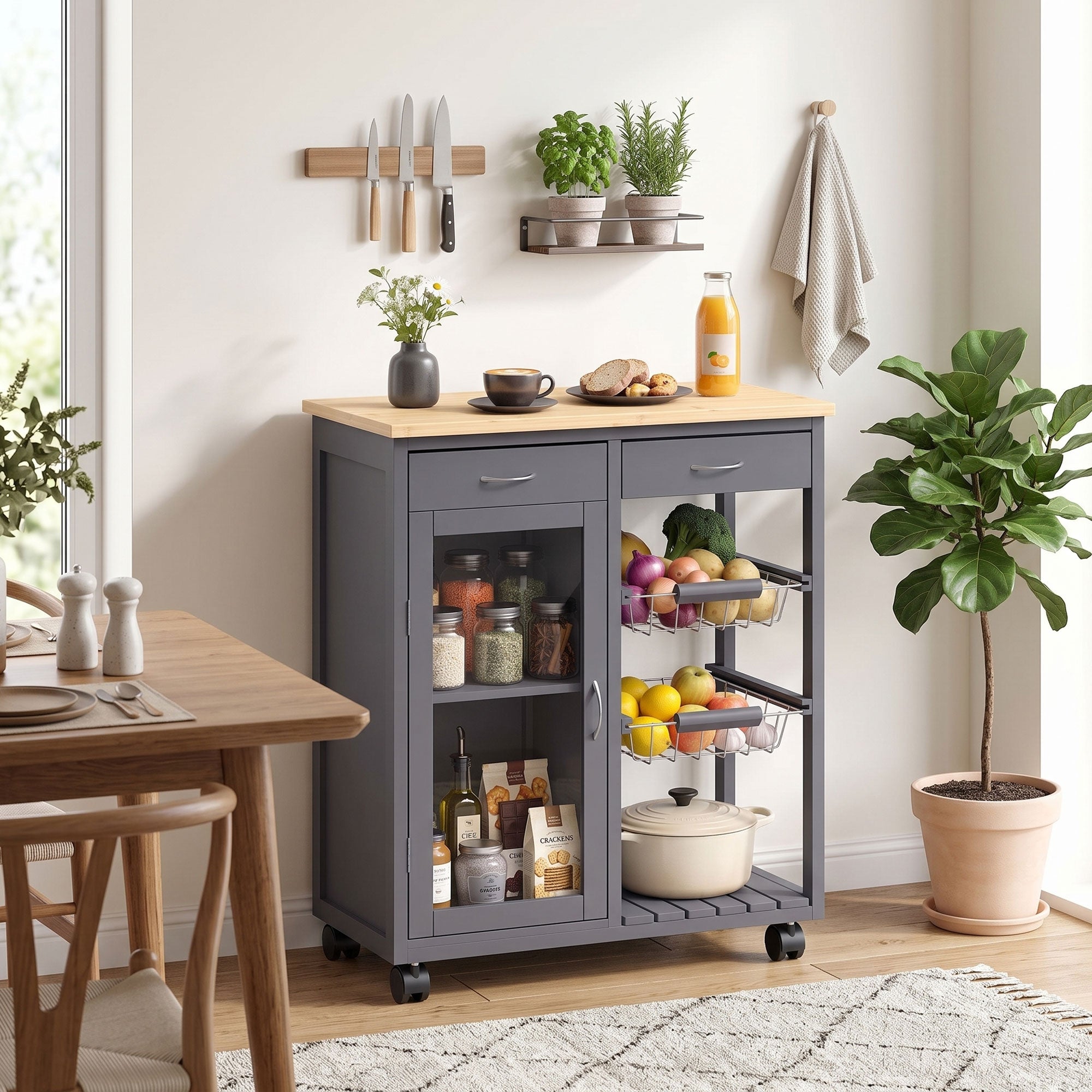 Rolling Kitchen Trolley, Bamboo Kitchen Island with Glass Door, 2 Metal Wire Baskets, 2 Drawers & Adjustable Shelf, 67 x 35 x 80 cm, Grey
