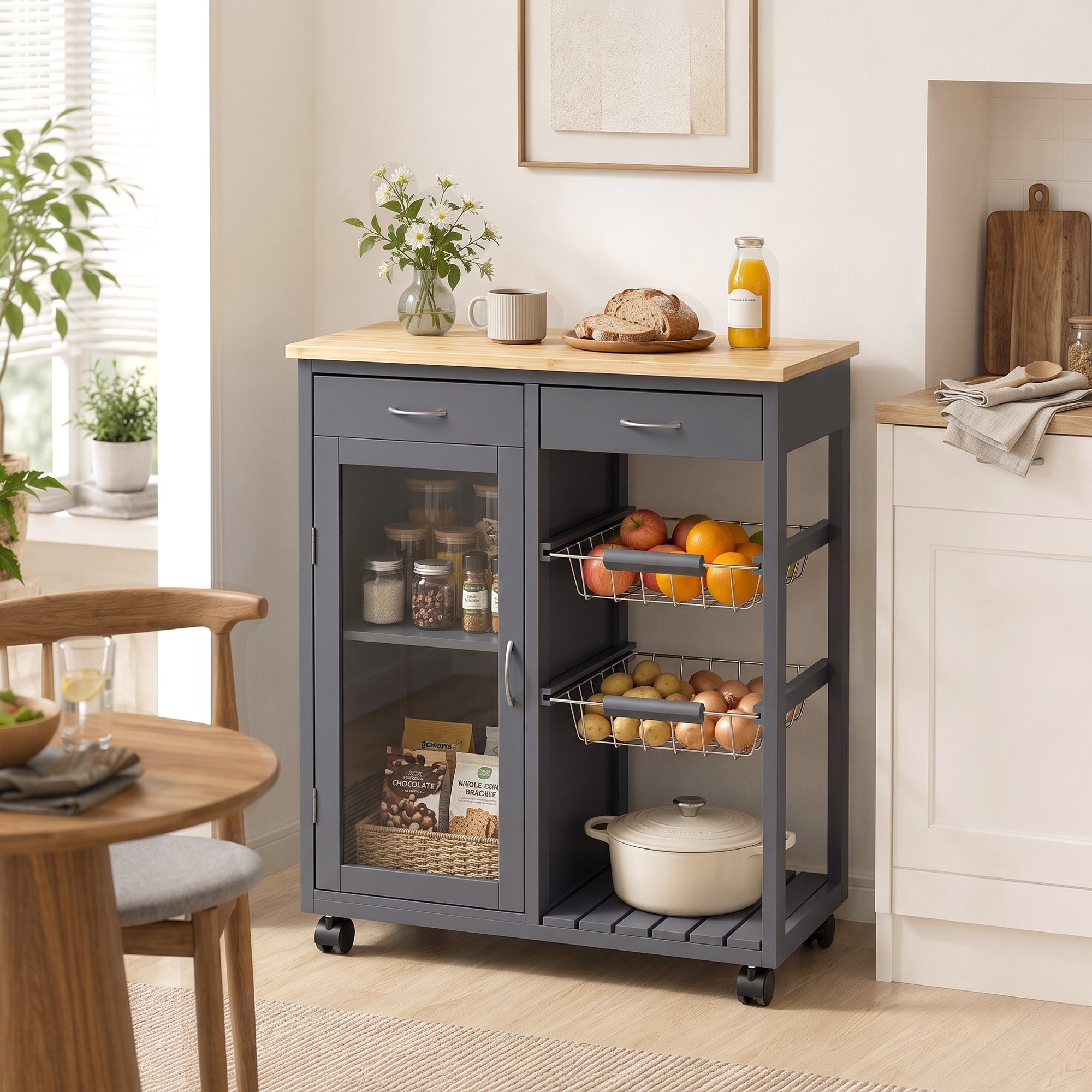 Rolling Kitchen Trolley, Bamboo Kitchen Island with Glass Door, 2 Metal Wire Baskets, 2 Drawers & Adjustable Shelf, 67 x 35 x 80 cm, Grey