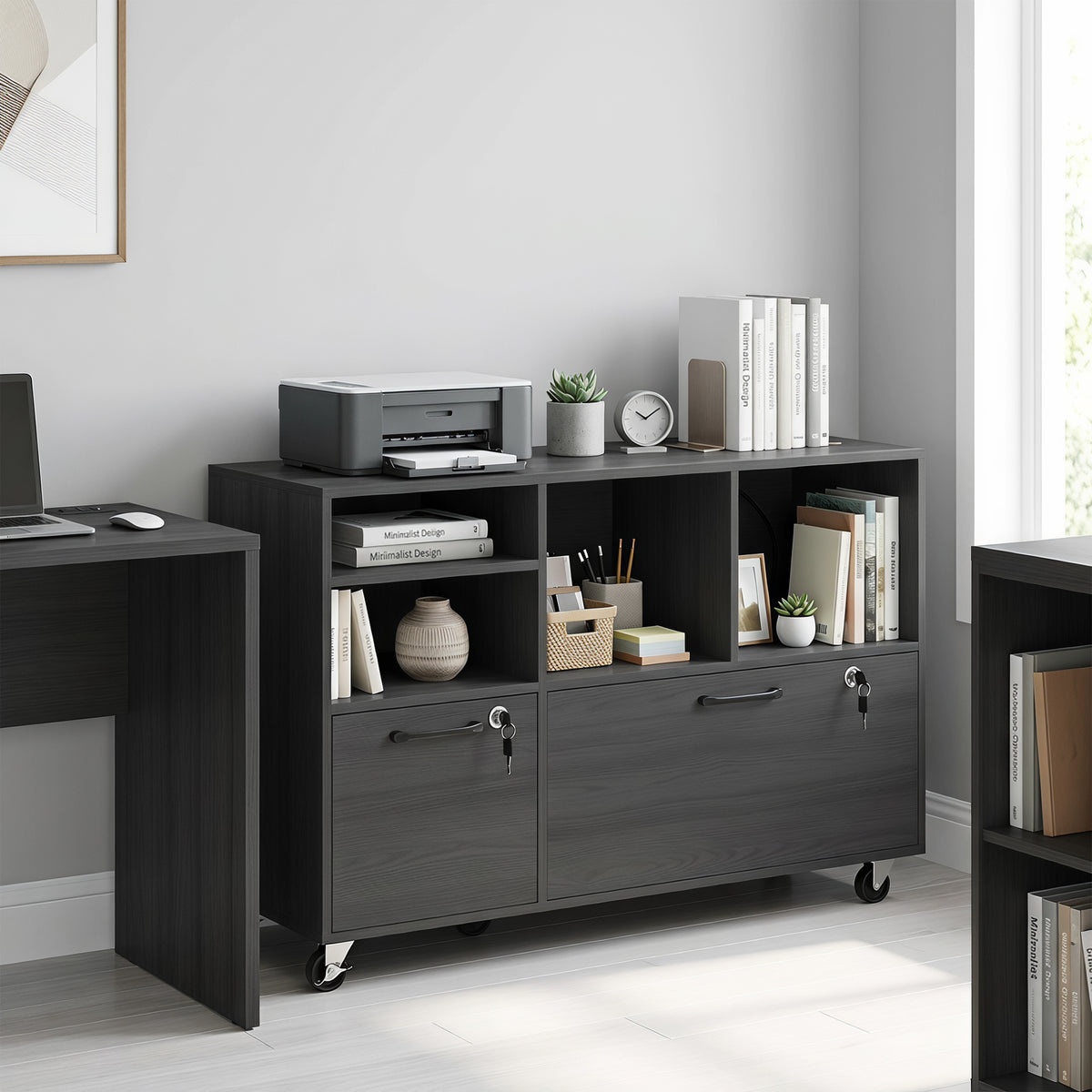 File Cabinet, 2 Drawer Mobile Lateral Filing Cabinet with Lock, Charging Station, Printer Stand with Shelves, Hanging Bars, Fits A4/Letter/Legal Size for Home Office, Black