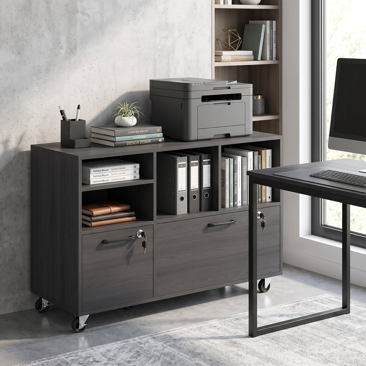 File Cabinet, 2 Drawer Mobile Lateral Filing Cabinet with Lock, Charging Station, Printer Stand with Shelves, Hanging Bars, Fits A4/Letter/Legal Size for Home Office, Black