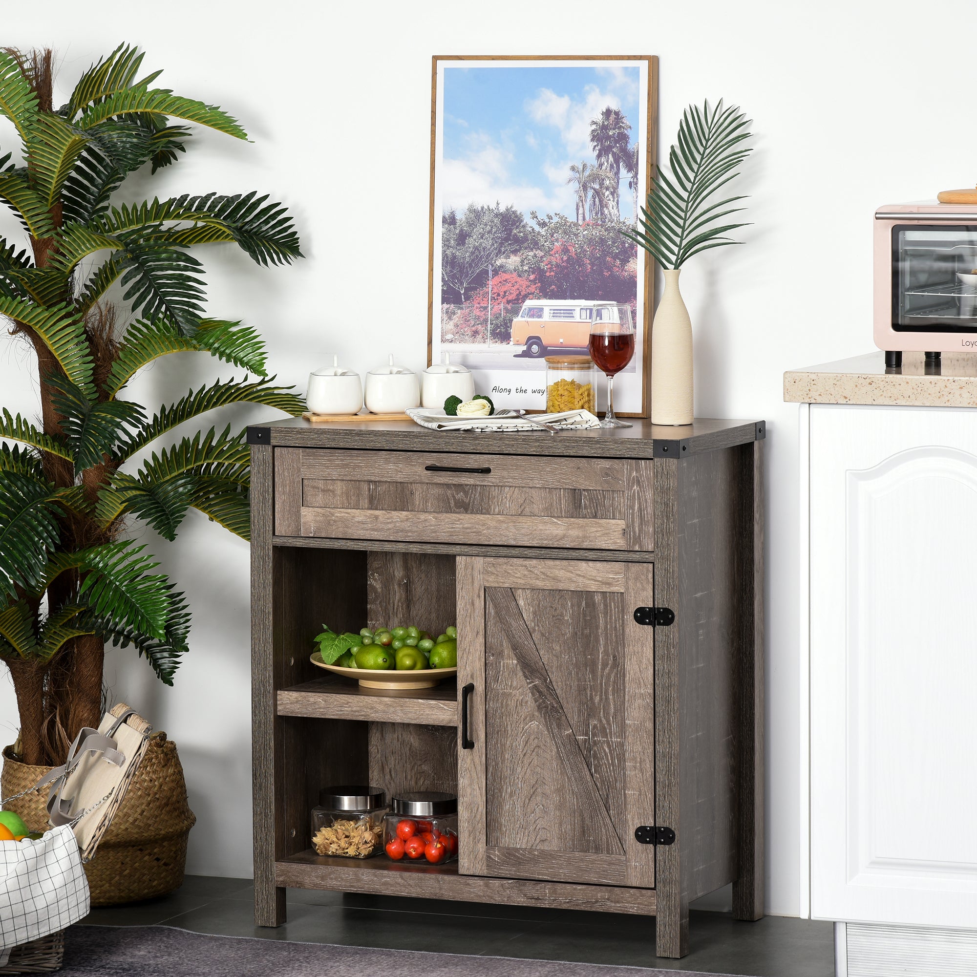 HOMCOM Sideboard Buffet Cabinet, Farmhouse Kitchen Storage Cabinet with Rustic Barn Door and Drawer, Dark Oak