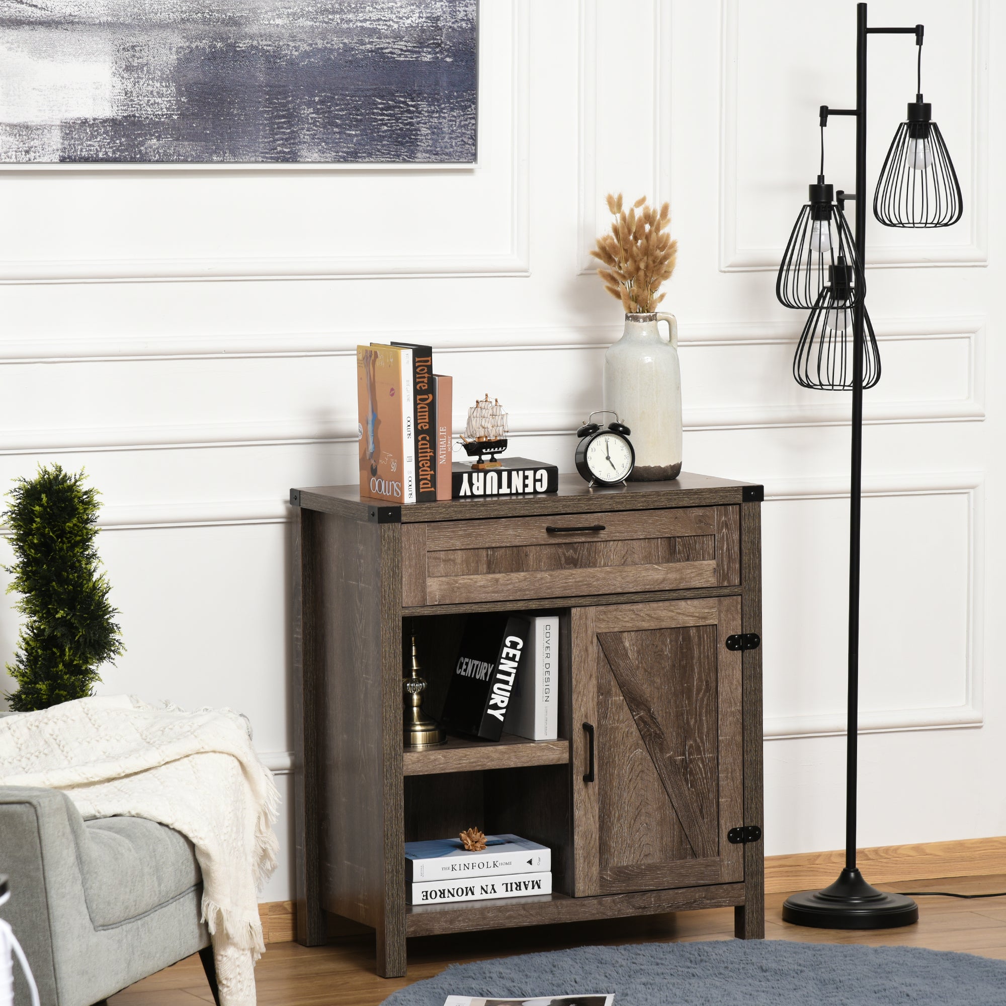 HOMCOM Sideboard Buffet Cabinet, Farmhouse Kitchen Storage Cabinet with Rustic Barn Door and Drawer, Dark Oak