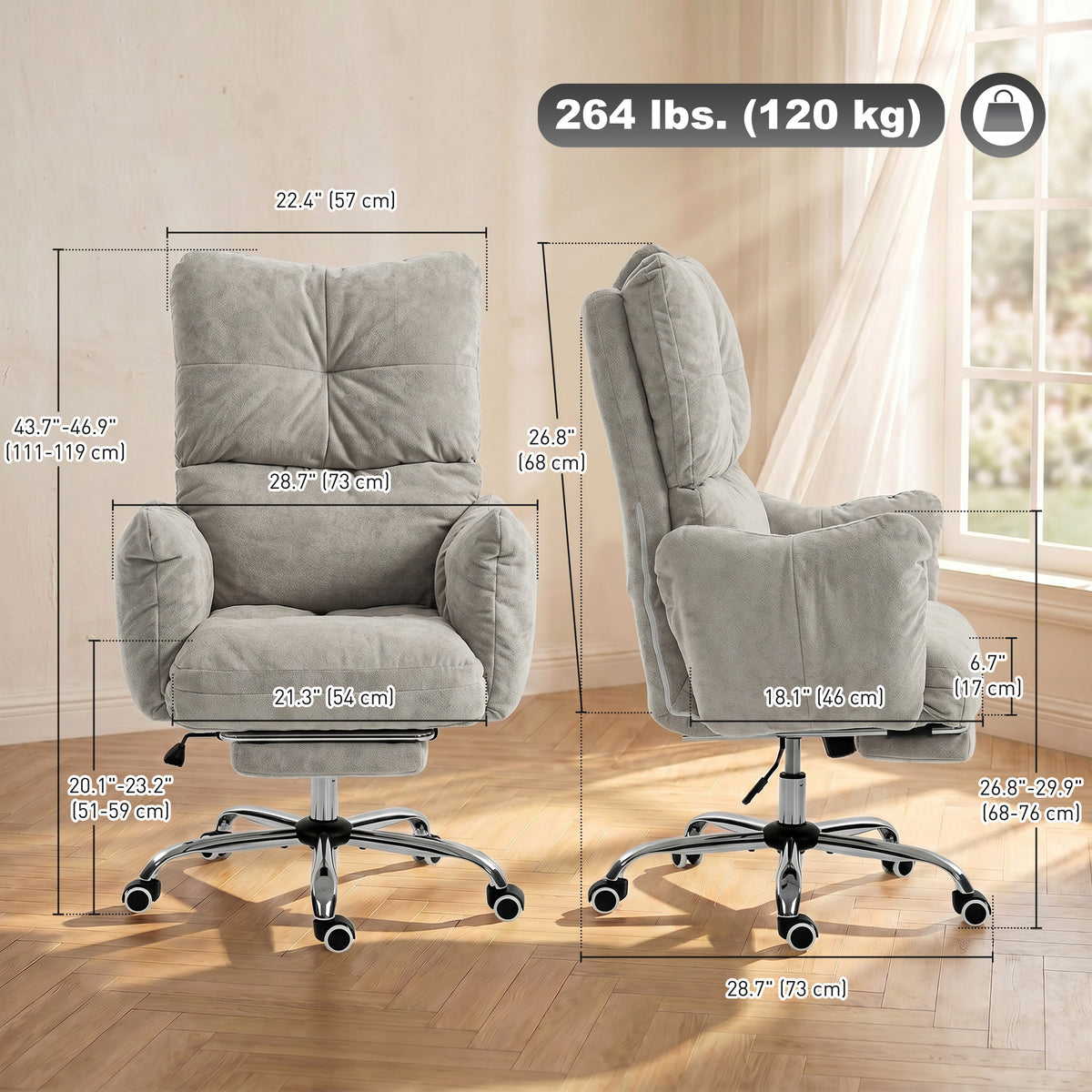 Office Chair with Foot Rest, Ergonomic Reclining Computer Gaming Chair with Snow Flannel Fabric, Thick Cushion, Padded Armrest, High Back and Adjustable Height, Light Grey