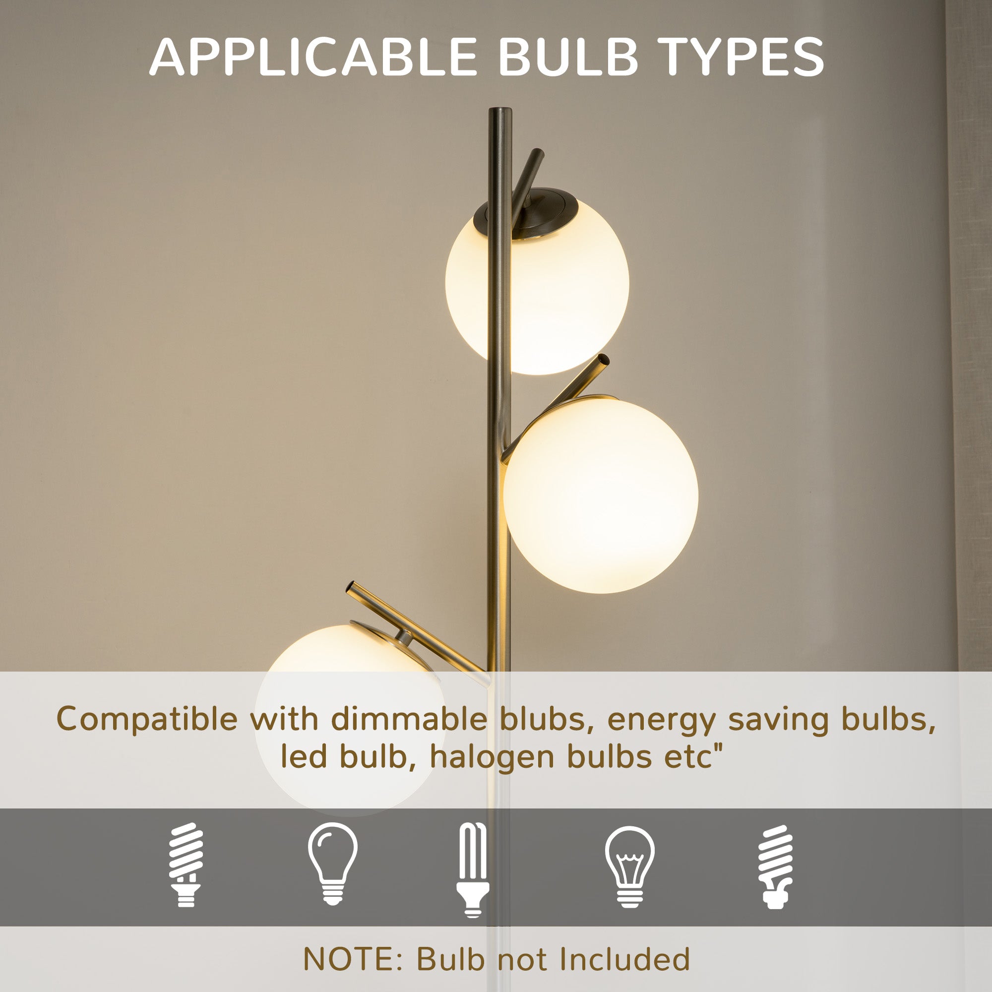 HOMCOM 3-Light Tree Floor Lamps for Living Room, Modern Standing Lamp for Bedroom with Globe Lampshade, Steel Base, Bulb not Included, Silver