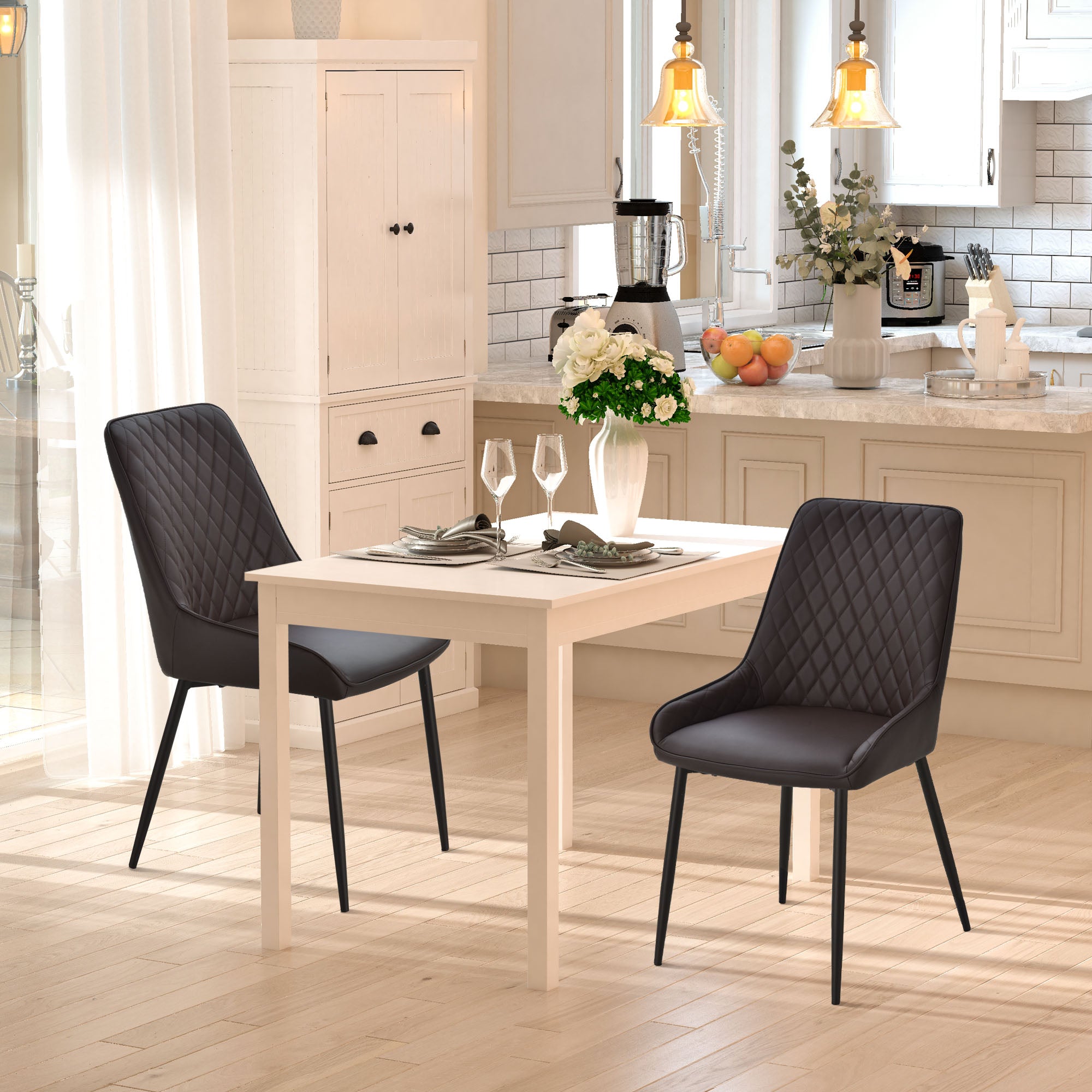 HOMCOM Dining Chairs Set of 2, Modern PU Leather Upholstered Kitchen Chairs with Diamond Tufted Backs and Steel Legs for Living Room, Dining Room, Bedroom, Brown