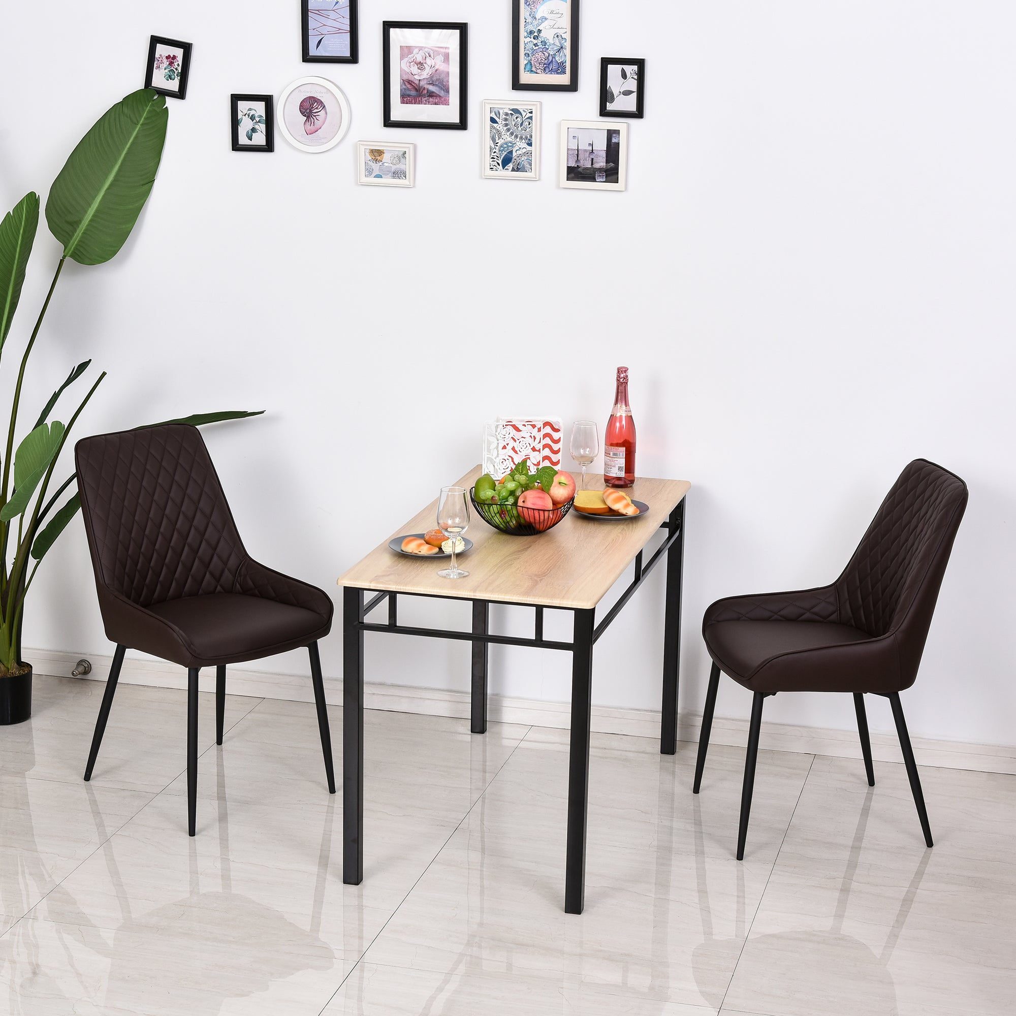 HOMCOM Dining Chairs Set of 2, Modern PU Leather Upholstered Kitchen Chairs with Diamond Tufted Backs and Steel Legs for Living Room, Dining Room, Bedroom, Brown