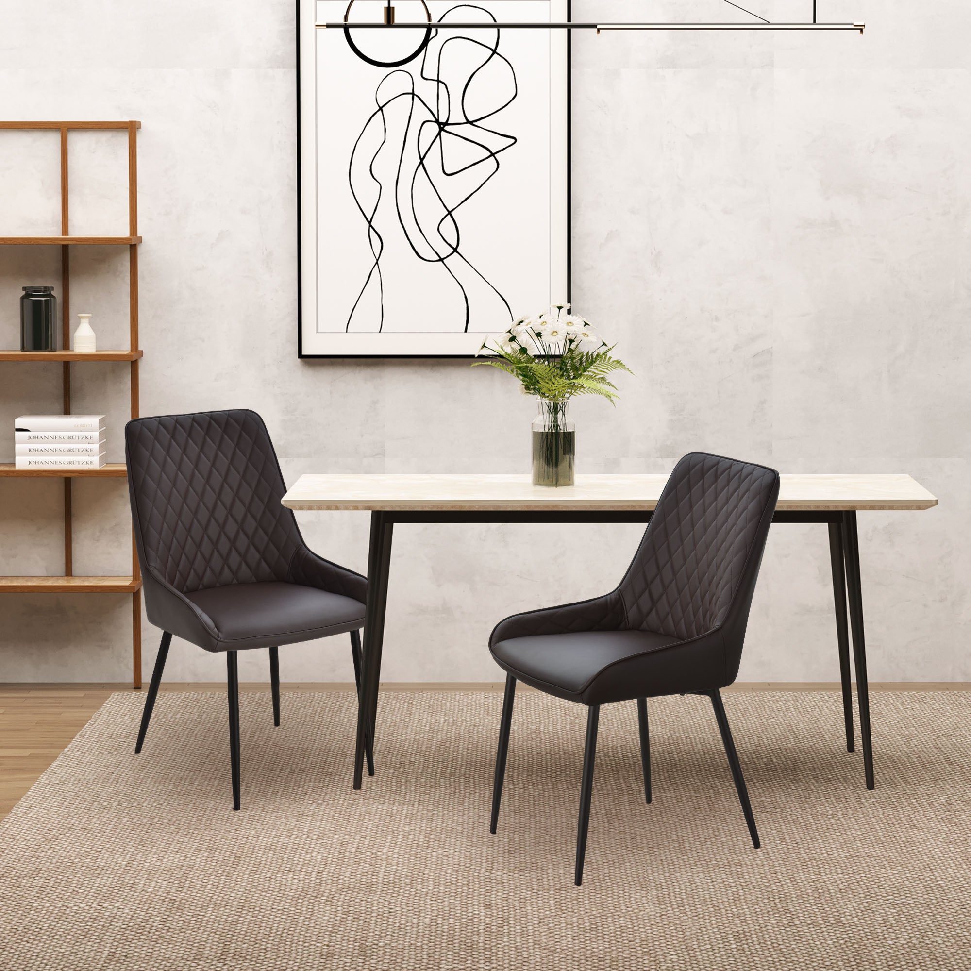 HOMCOM Dining Chairs Set of 2, Modern PU Leather Upholstered Kitchen Chairs with Diamond Tufted Backs and Steel Legs for Living Room, Dining Room, Bedroom, Brown