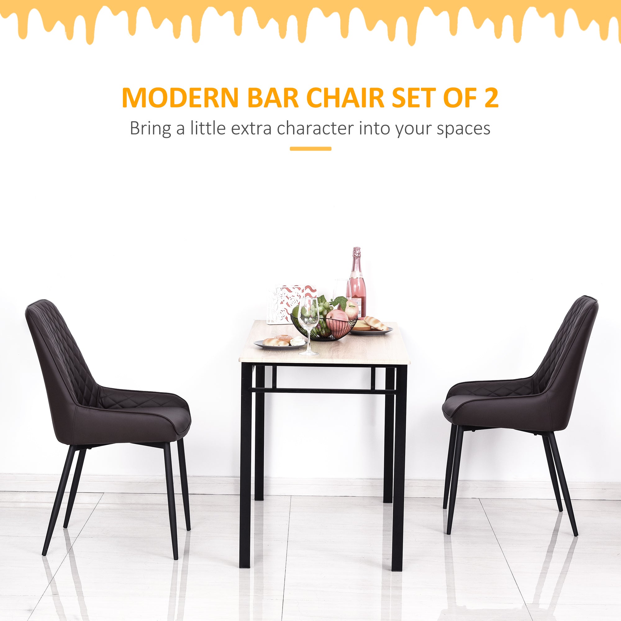 HOMCOM Dining Chairs Set of 2, Modern PU Leather Upholstered Kitchen Chairs with Diamond Tufted Backs and Steel Legs for Living Room, Dining Room, Bedroom, Brown