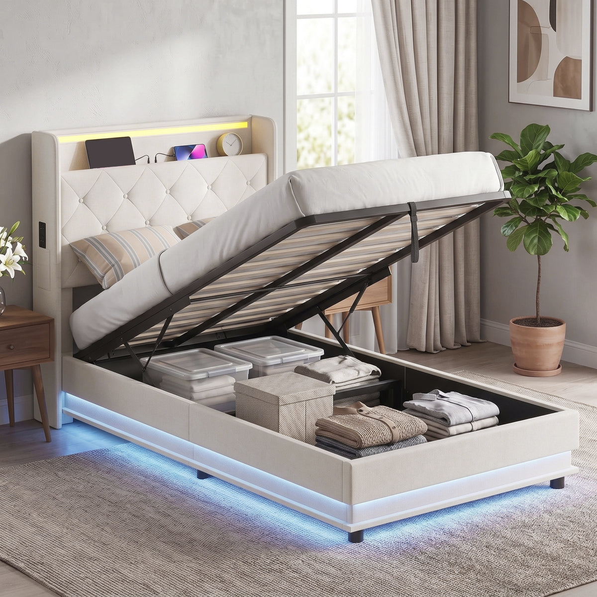 3ft Single Ottoman Bed Frame with Hydraulic Storage, APP Control LED Lights and Charging Station, Upholstered Lift Up Storage Bed Frame with Headboard, No Box Spring Needed, Cream White