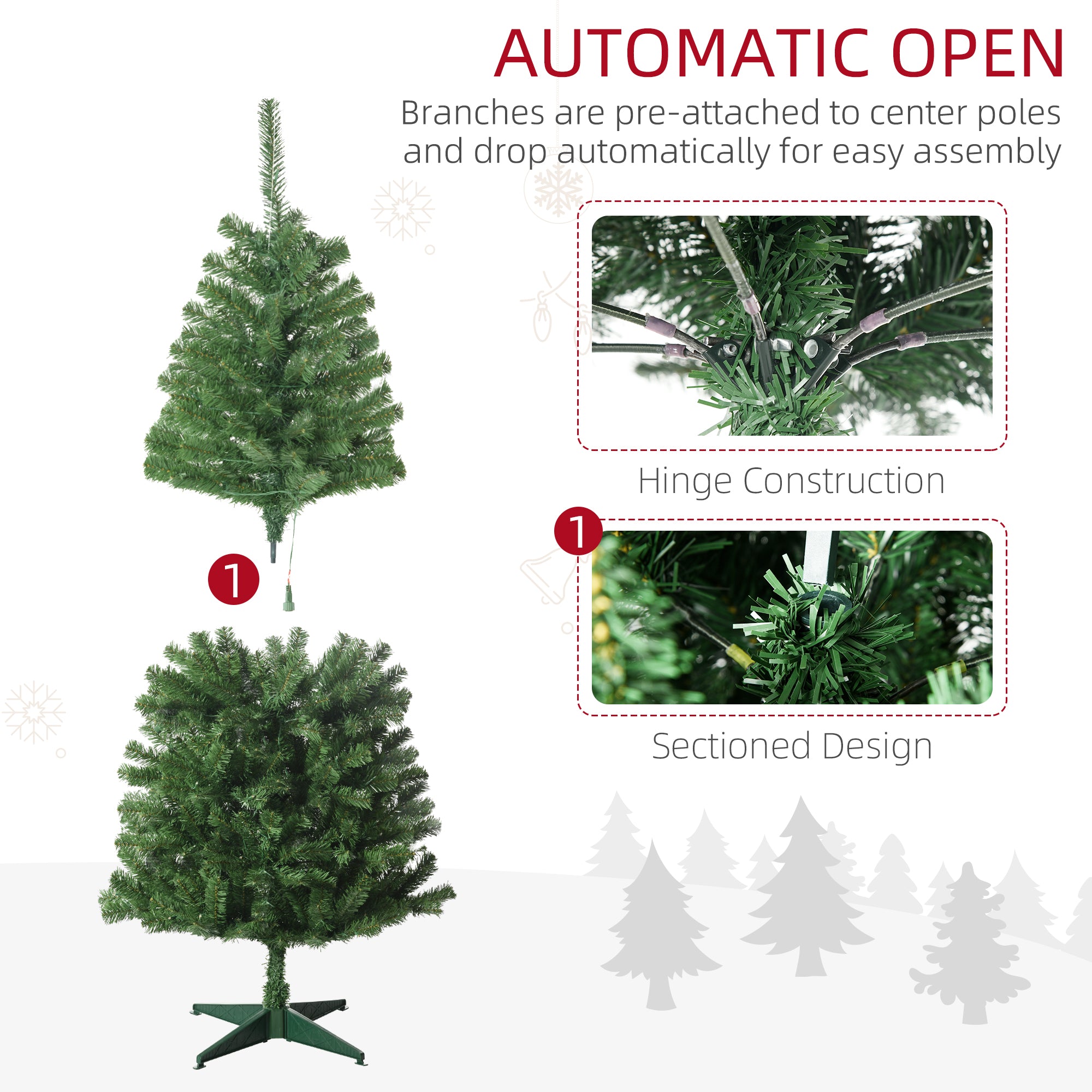 5' Artificial Prelit Christmas Trees with Warm White or Colorful LED Lights, Auto Open