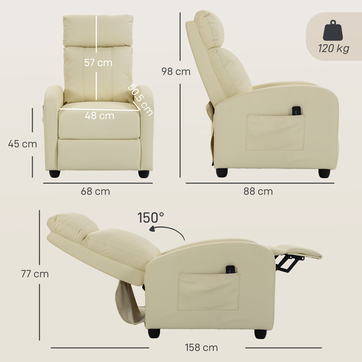 Recliner Armchair, Massage Faux Leather Push Back Reclining Chair with Adjustable Leg Rest, Side Pocket, for Home Living Room Theatre, Cream White