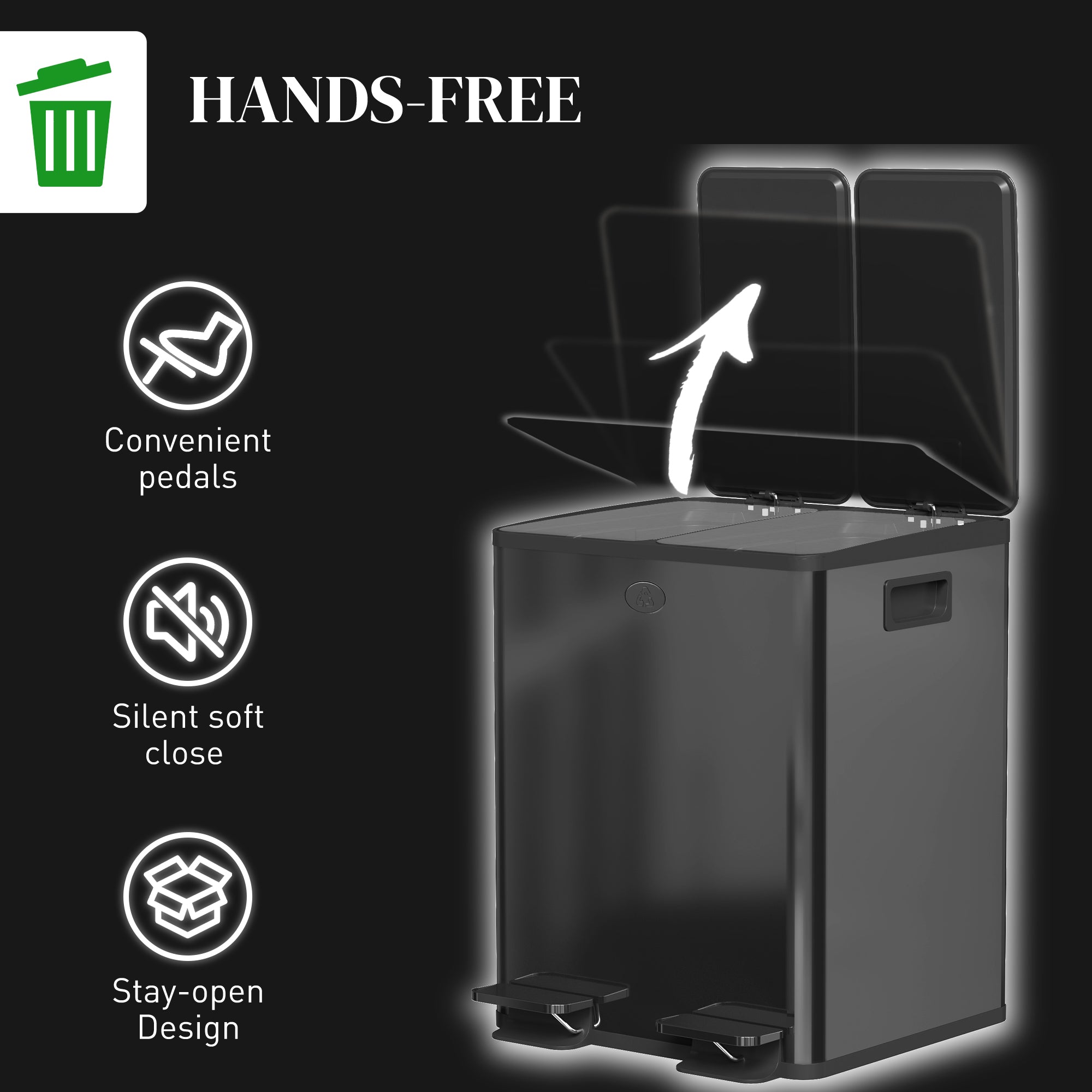 HOMCOM Dual Kitchen Bin, 2 x 20L Pedal Bin, Stainless Steel Double Rubbish Bin with Soft Close Lid, Removable Inner Buckets, Fingerprint-Proof for Recycling and Waste, Black