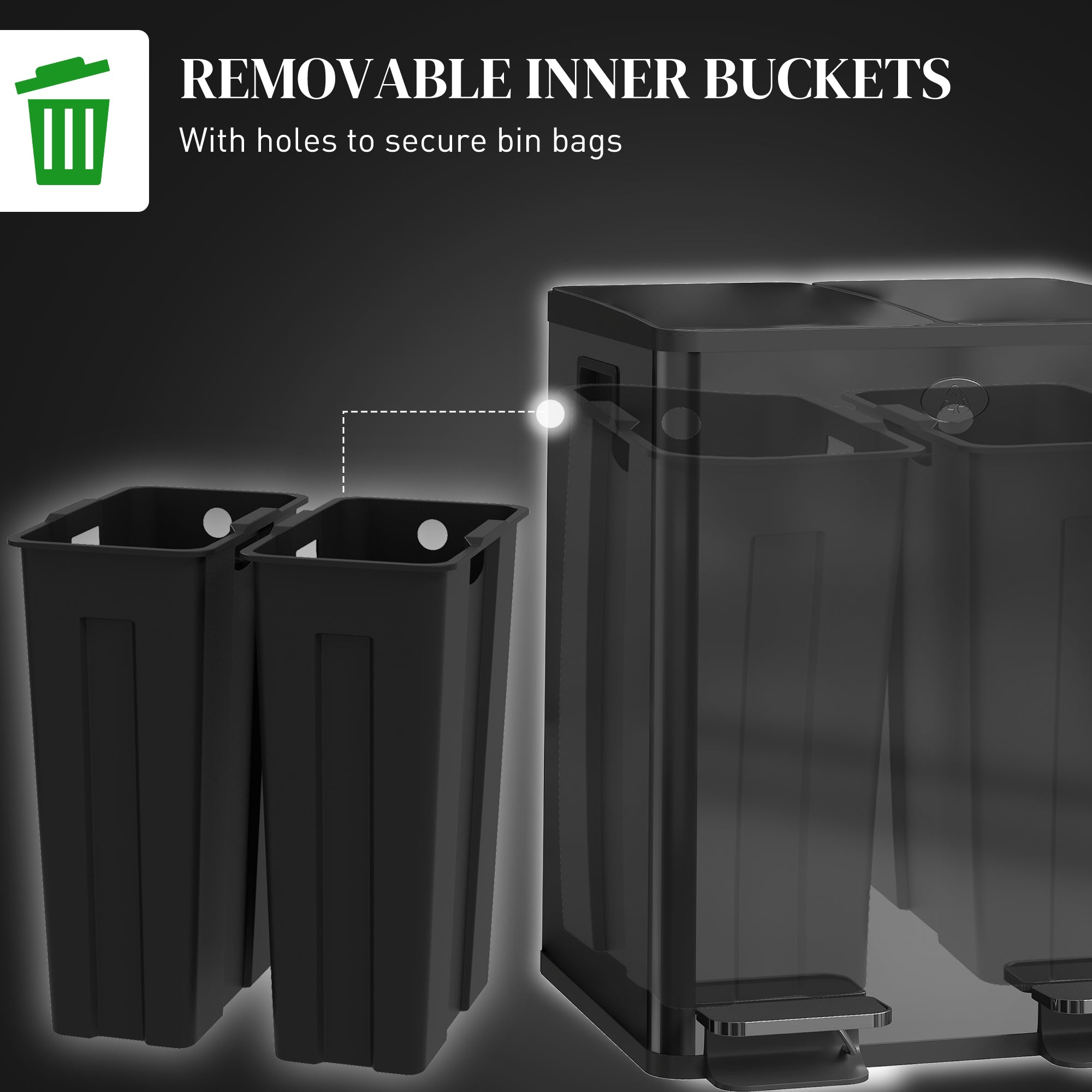HOMCOM Dual Kitchen Bin, 2 x 20L Pedal Bin, Stainless Steel Double Rubbish Bin with Soft Close Lid, Removable Inner Buckets, Fingerprint-Proof for Recycling and Waste, Black