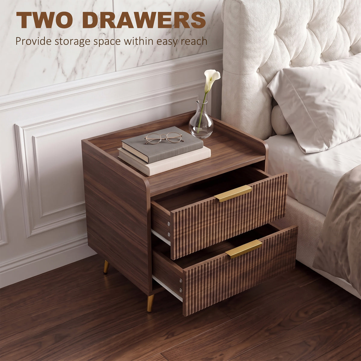 Bedside Table, Bedside Cabinet with 2 Drawers, Side End Table with Metal Legs for Bedroom Living Room, Walnut Brown