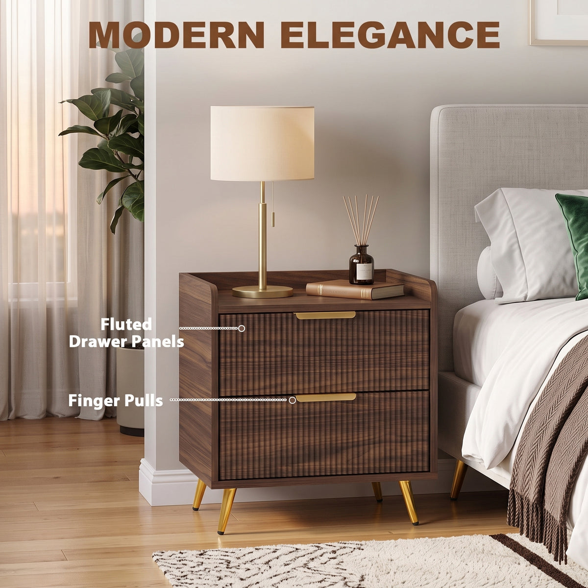 Bedside Table, Bedside Cabinet with 2 Drawers, Side End Table with Metal Legs for Bedroom Living Room, Walnut Brown