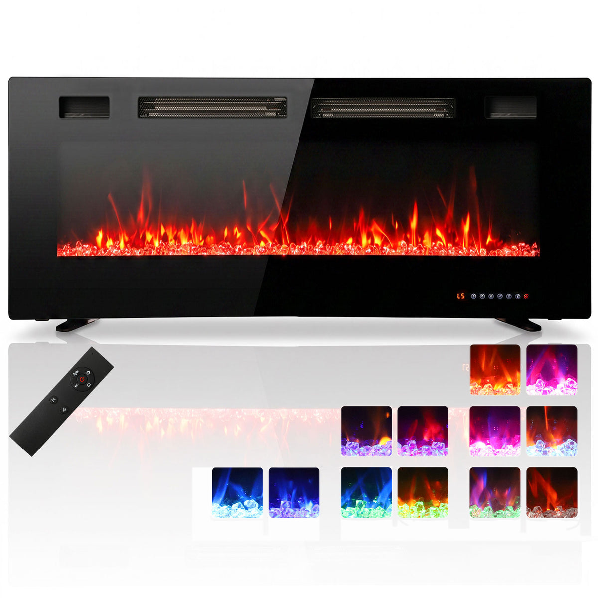 50\" Electric Fireplace Insert, Ultra-Thin Recessed, Wall Mounted and Freestanding Fireplace w/ Flame Effect, Adjustable Brightness, Crystal Stone, Remote, 750W/1500W, Black