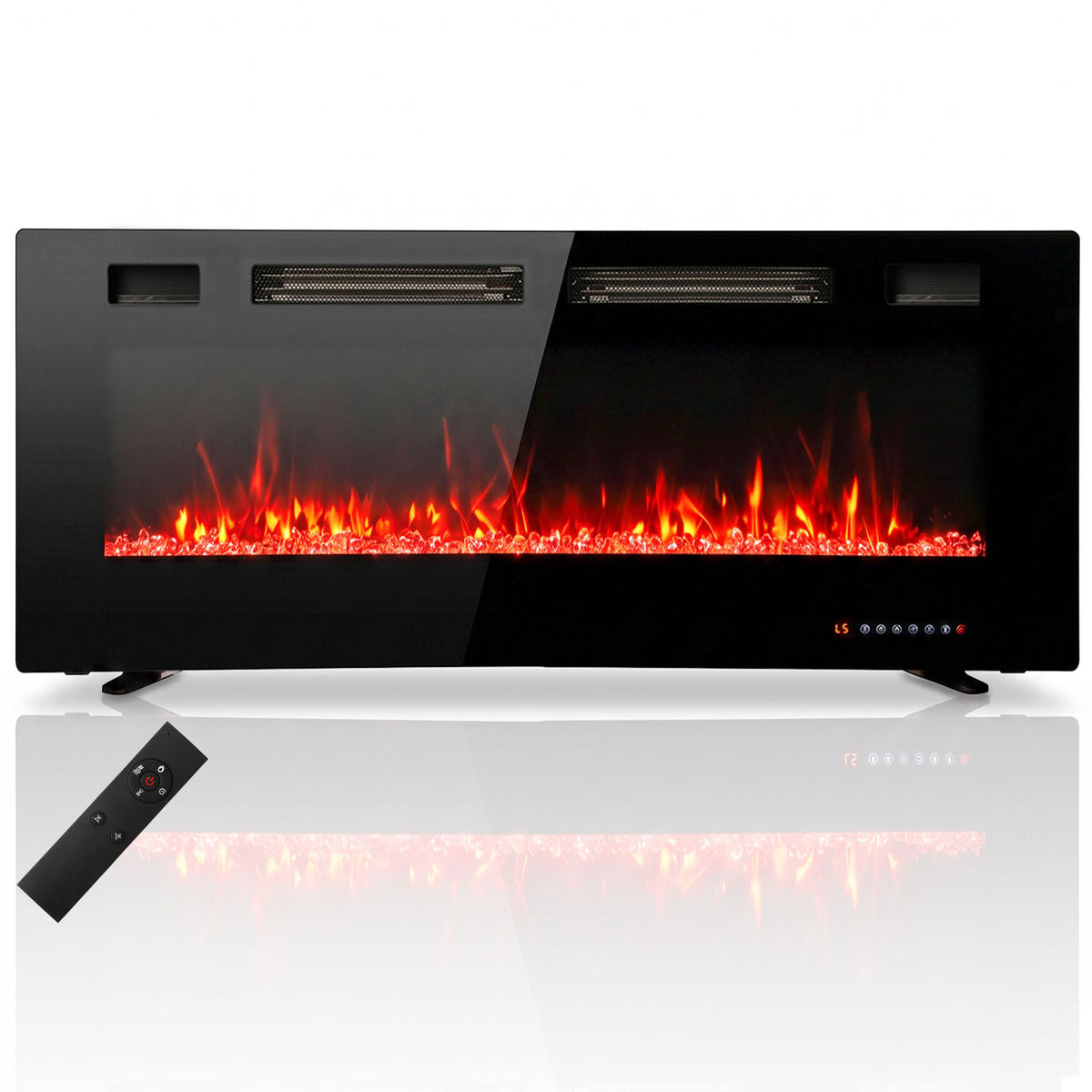 50\" Electric Fireplace Insert, Ultra-Thin Recessed, Wall Mounted and Freestanding Fireplace w/ Flame Effect, Adjustable Brightness, Crystal Stone, Remote, 750W/1500W, Black