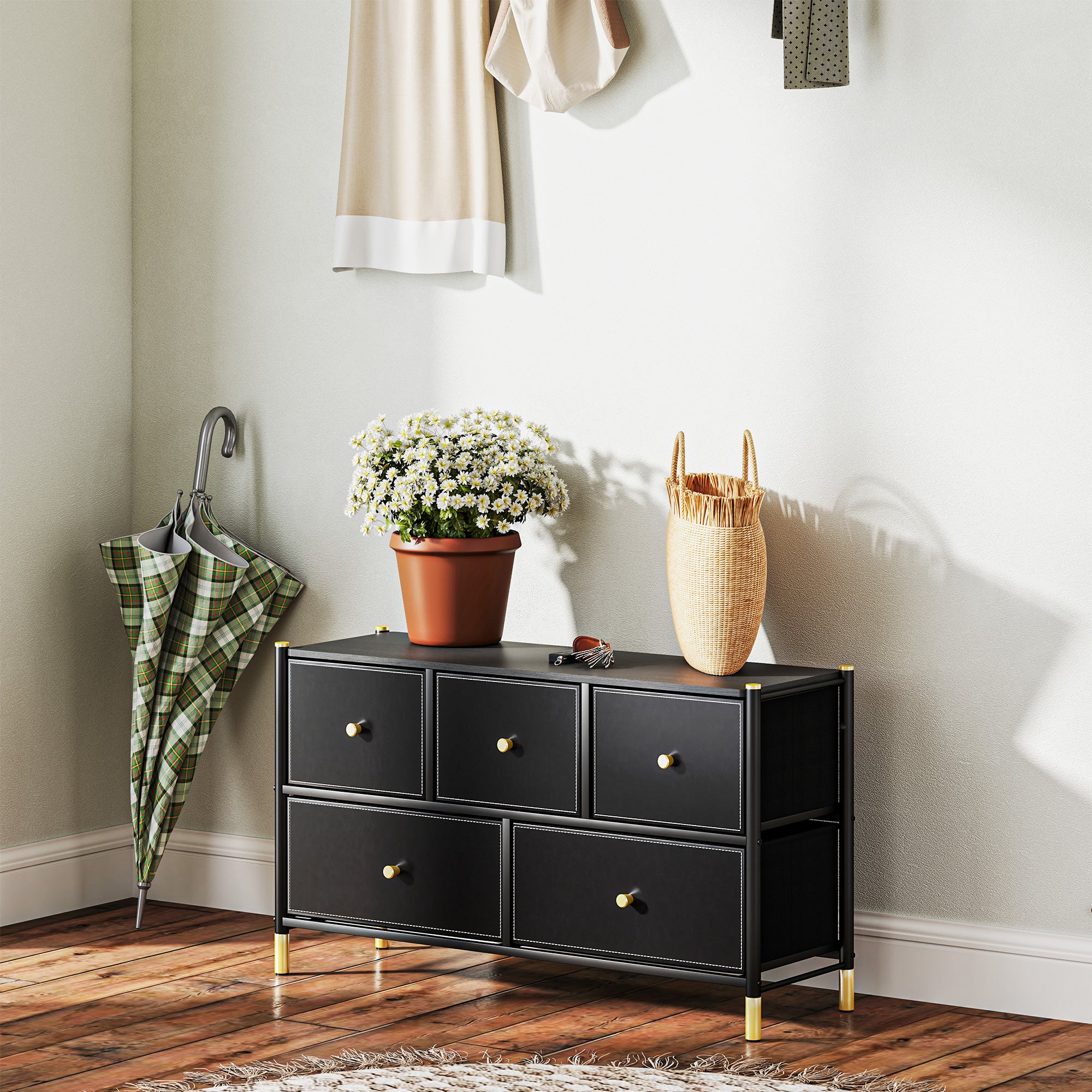 HOMCOM Chest of Drawers, 5 Drawer Fabric Dresser with PU Leather Surface, Steel Frame, Storage Organizer Unit for Bedroom, Living Room, Hallway, Closet, Easy to Assemble, Black