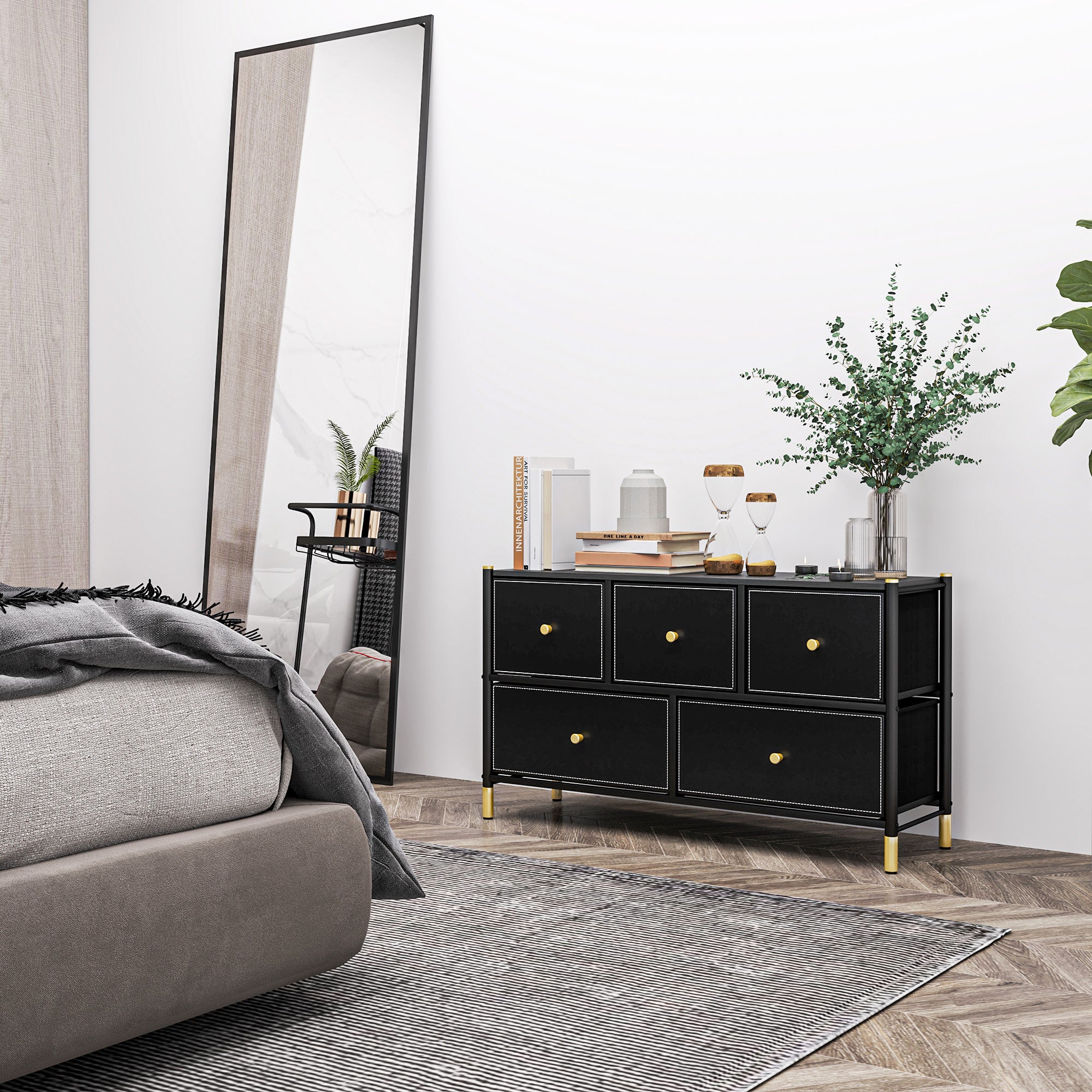 HOMCOM Chest of Drawers, 5 Drawer Fabric Dresser with PU Leather Surface, Steel Frame, Storage Organizer Unit for Bedroom, Living Room, Hallway, Closet, Easy to Assemble, Black