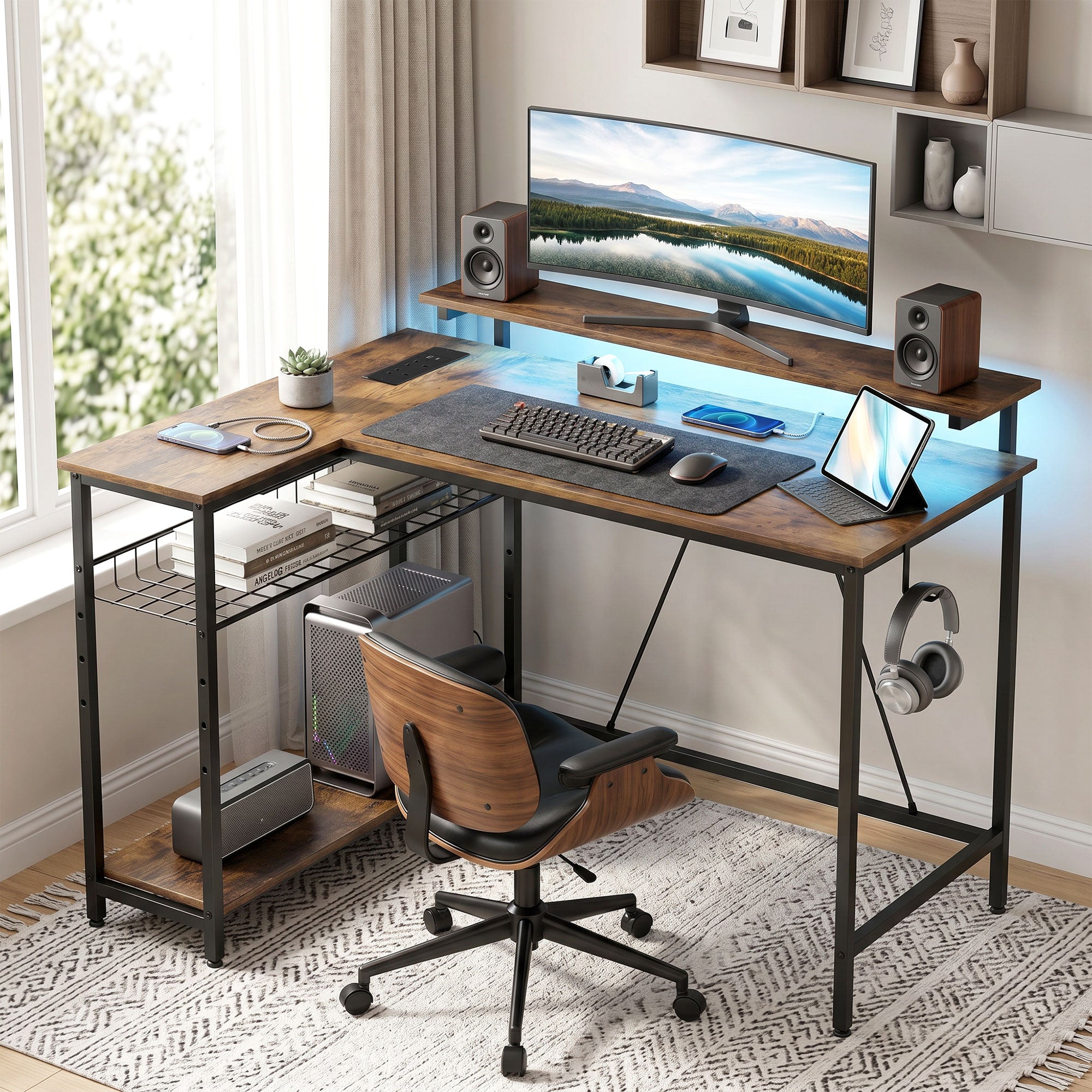 L Shaped Gaming Desk with LED Lights, Power Outlet, USB Charging Ports, 107cm Reversible Corner Computer Desk with Storage Shelves, Monitor Stand for Home Office, Small Space, Rustic Brown