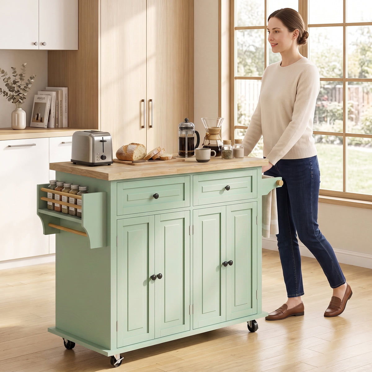 Kitchen Island on Wheels, Rolling Kitchen Storage Trolley with Rubber Wood Top, Drawers, Adjustable Shelves, Towel and Spice Rack for Dining Room, Light Green