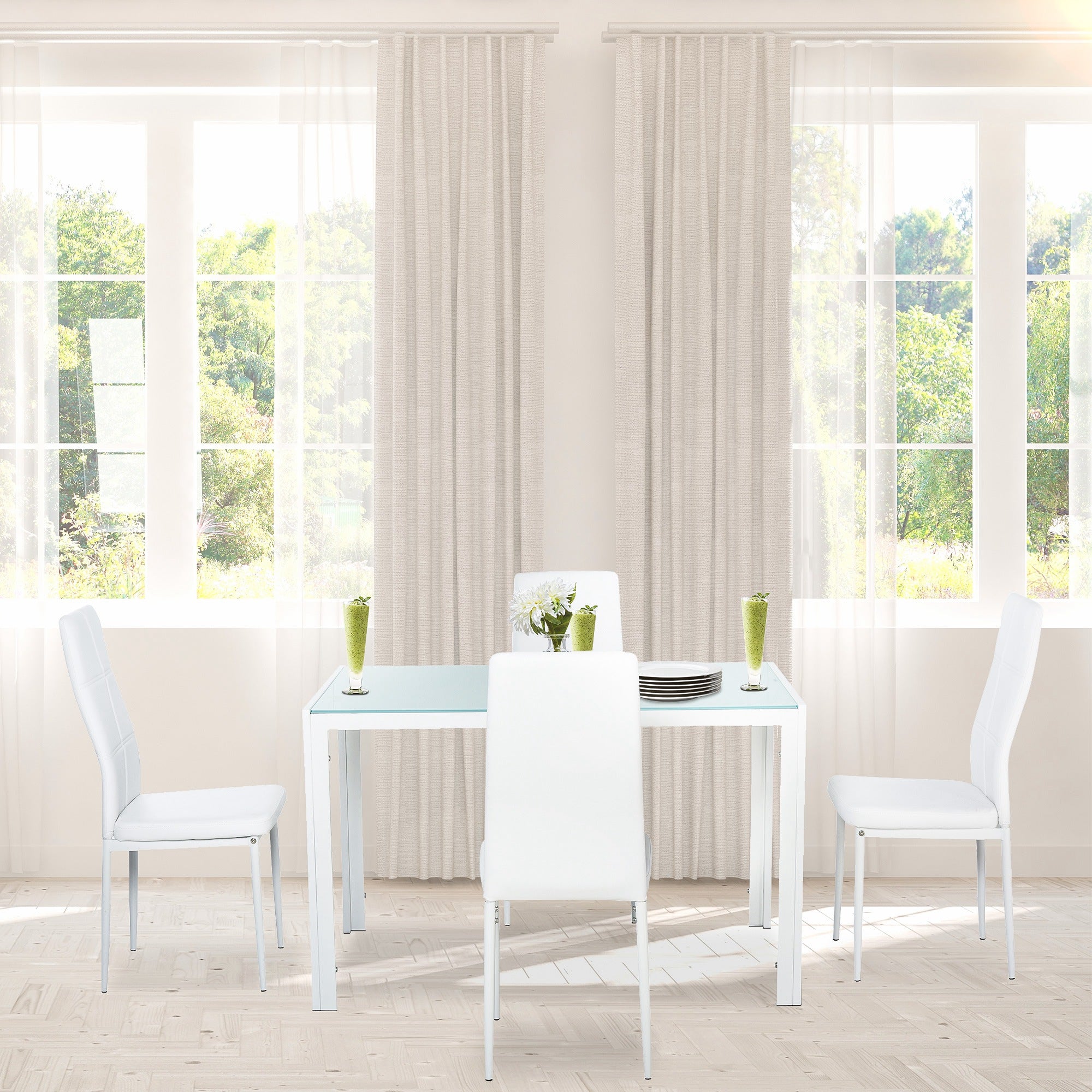 HOMCOM Dining Table Set for 4, 5-Piece Rectangular Glass Kitchen Table and Chairs with Metal Frame and Faux Leather Upholstery for Dining Room, Living Room, White