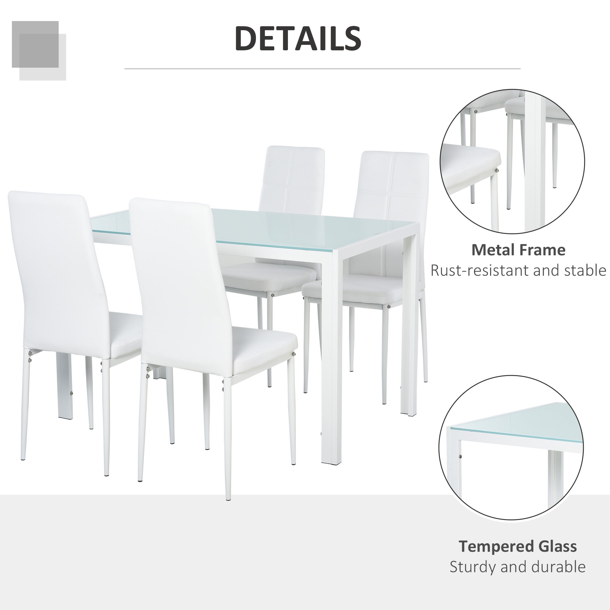 HOMCOM Dining Table Set for 4, 5-Piece Rectangular Glass Kitchen Table and Chairs with Metal Frame and Faux Leather Upholstery for Dining Room, Living Room, White