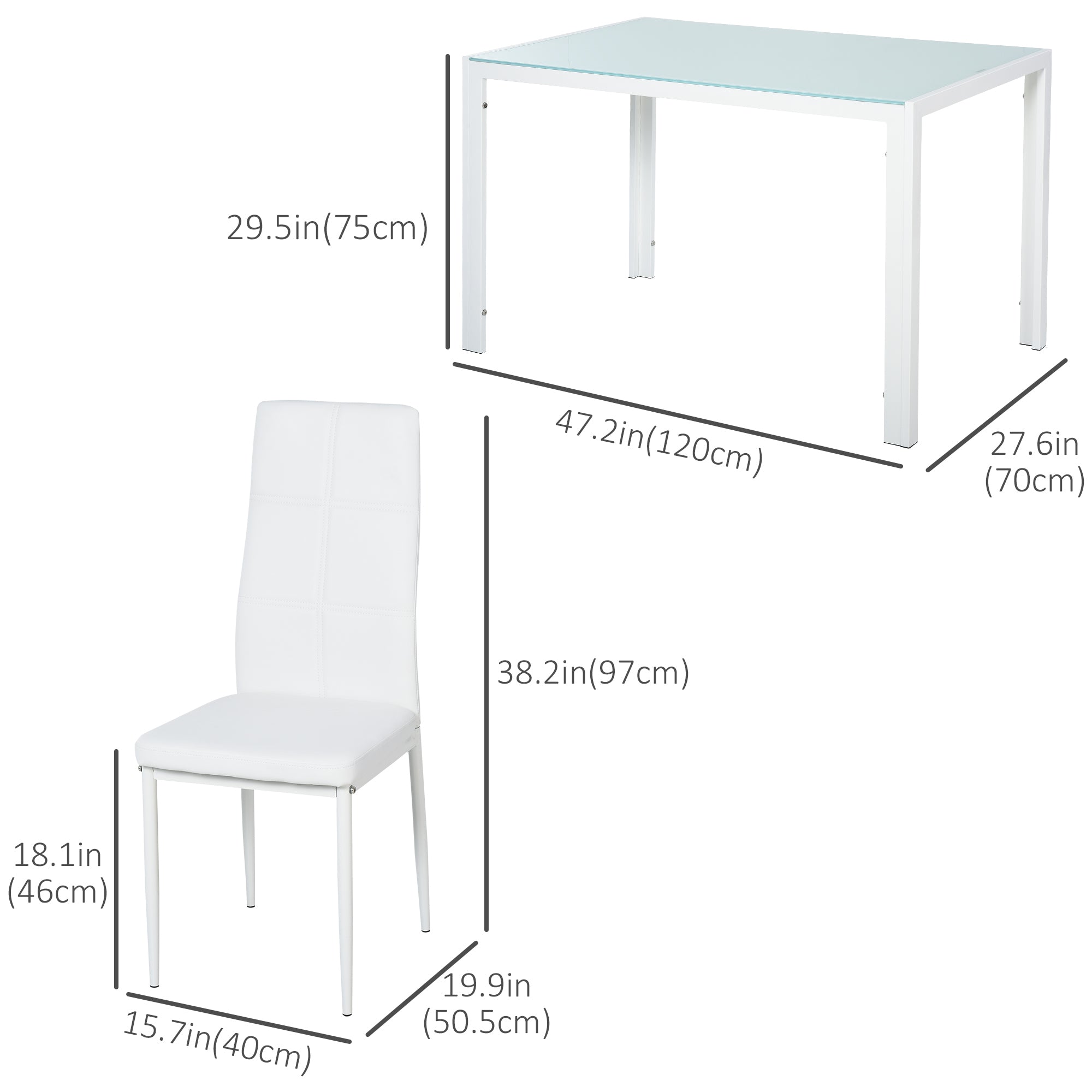 HOMCOM Dining Table Set for 4, 5-Piece Rectangular Glass Kitchen Table and Chairs with Metal Frame and Faux Leather Upholstery for Dining Room, Living Room, White