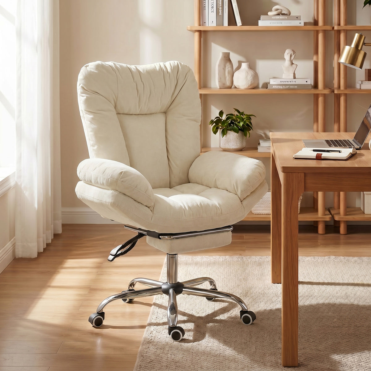 Criss Cross Office Chair with Footrest, Swivel Wheels, Wide Task Desk Chair with Overstuffed Reclining Backrest, Waterfall Arms, Adjustable Height, Cross Legged, Beige