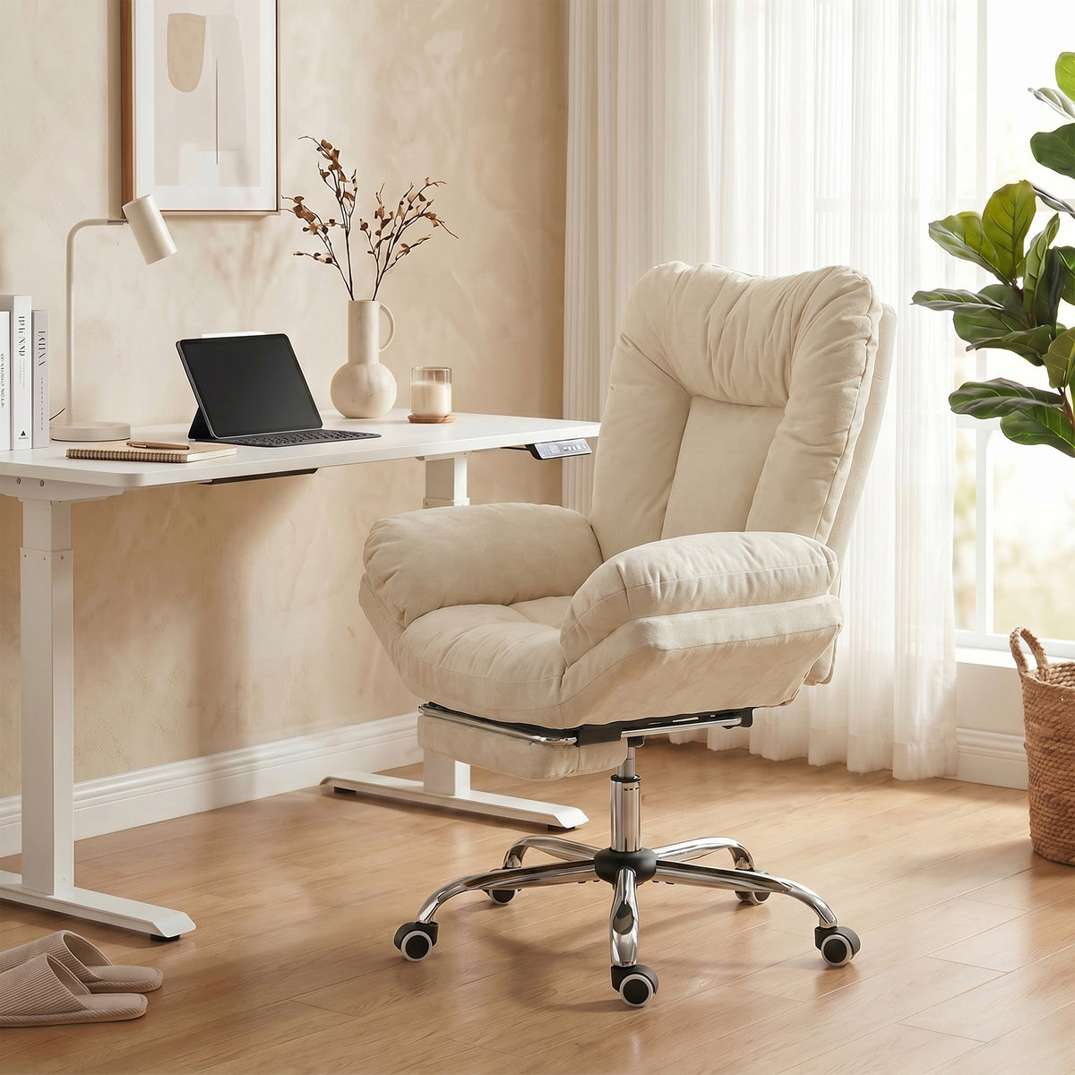Criss Cross Office Chair with Footrest, Swivel Wheels, Wide Task Desk Chair with Overstuffed Reclining Backrest, Waterfall Arms, Adjustable Height, Cross Legged, Beige