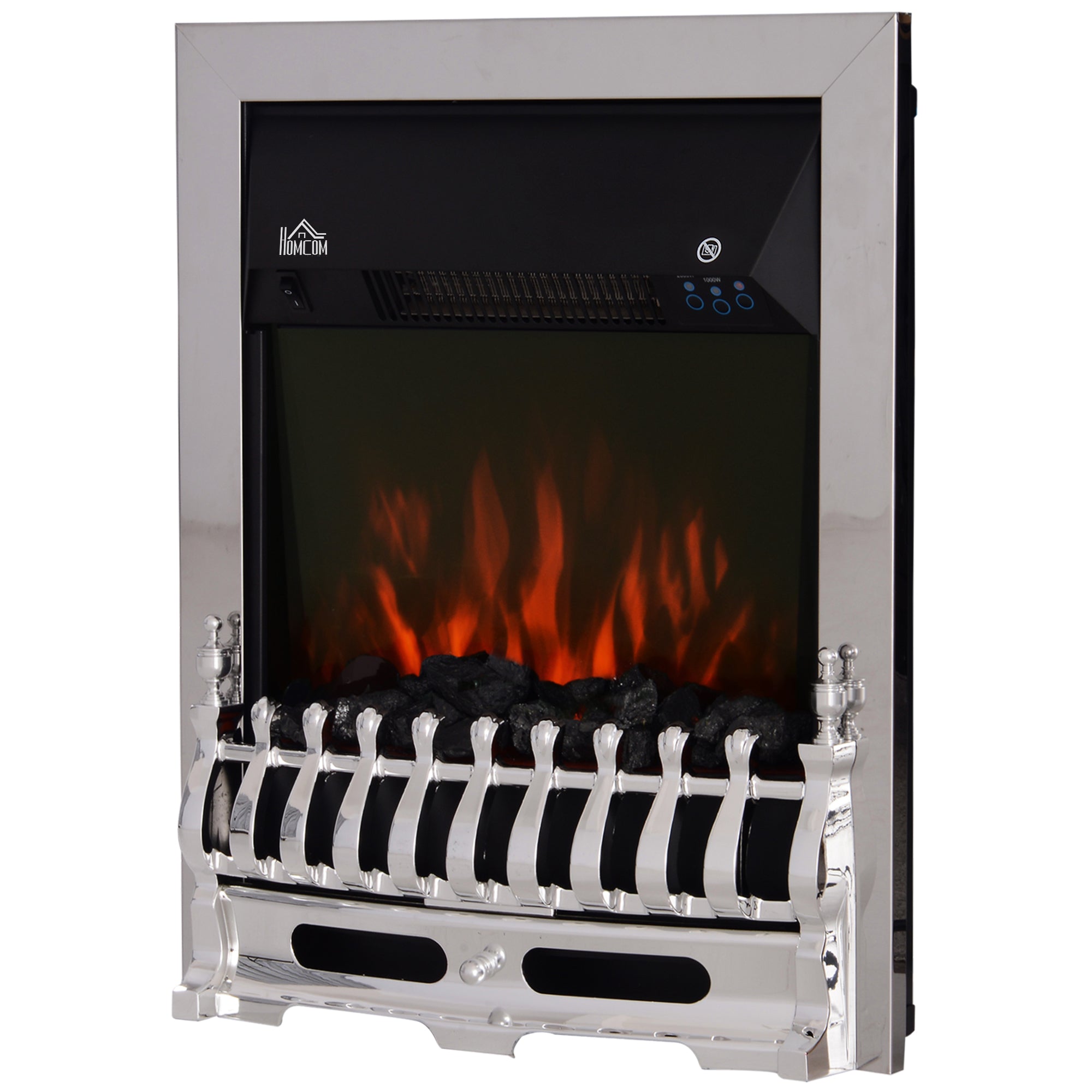 Contemporary Electric Fireplace Coal Burning Flame Effect Inset Fire Place Space Heater Glass View LED Lighting with Remote Control, 1000W/2000W, Silver