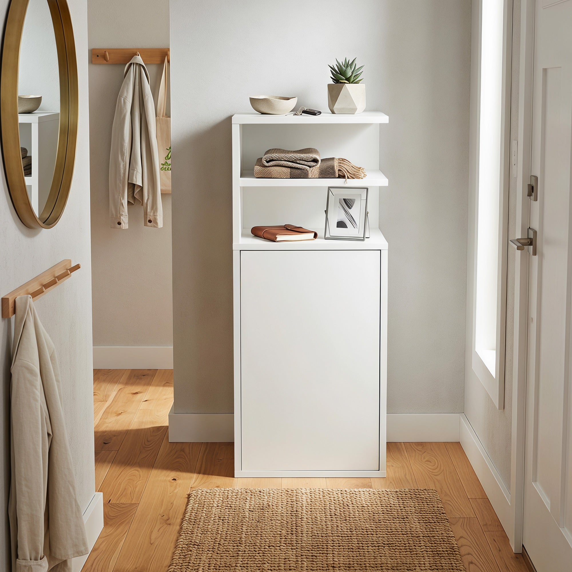Slim Bedside Table Set of 2, Narrow Bedside Cabinet with Open Cubbies and Cupboard, Side End Table for Bedroom Living Room Compact Nooks, 30 x 25 x 60 cm, White