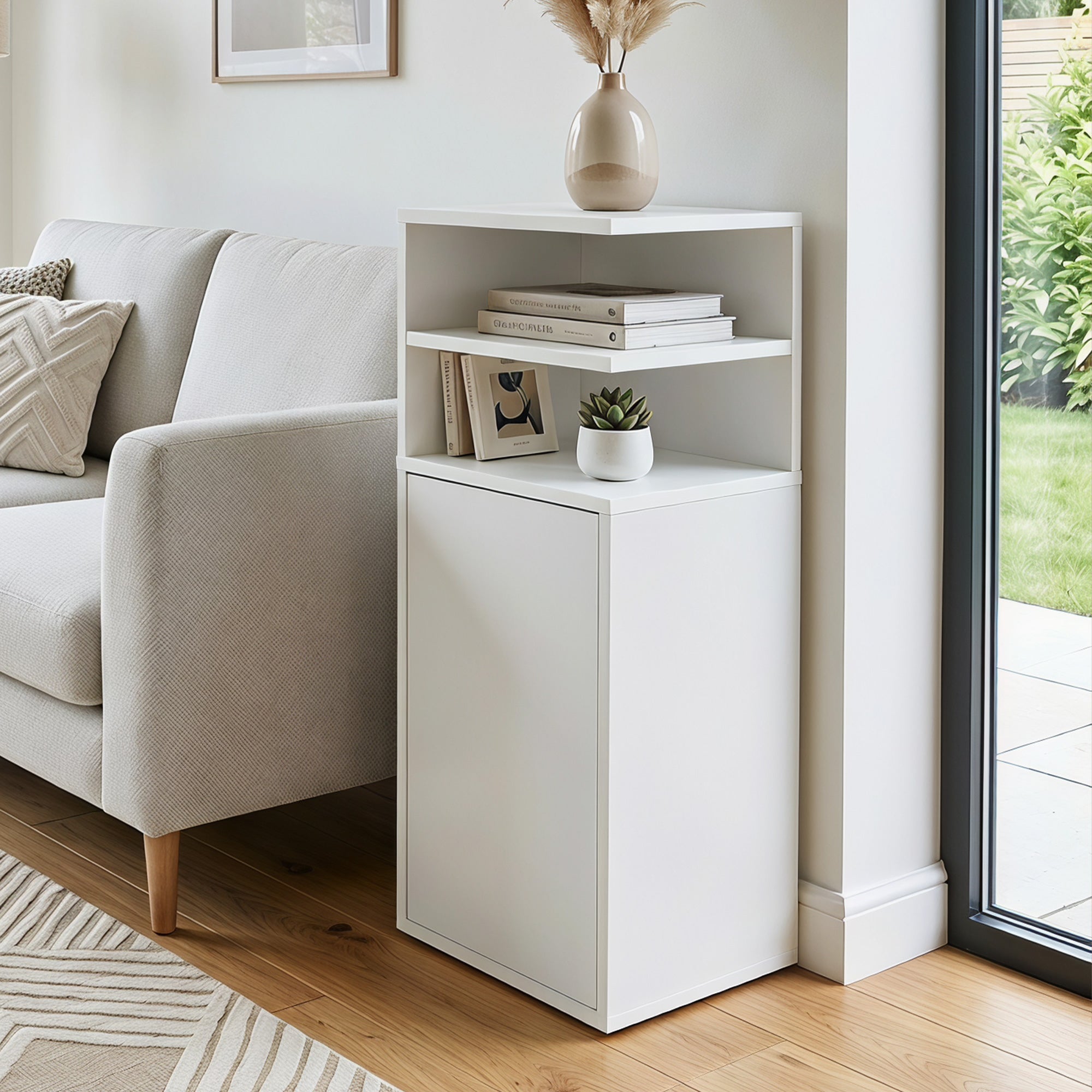 Slim Bedside Table Set of 2, Narrow Bedside Cabinet with Open Cubbies and Cupboard, Side End Table for Bedroom Living Room Compact Nooks, 30 x 25 x 60 cm, White