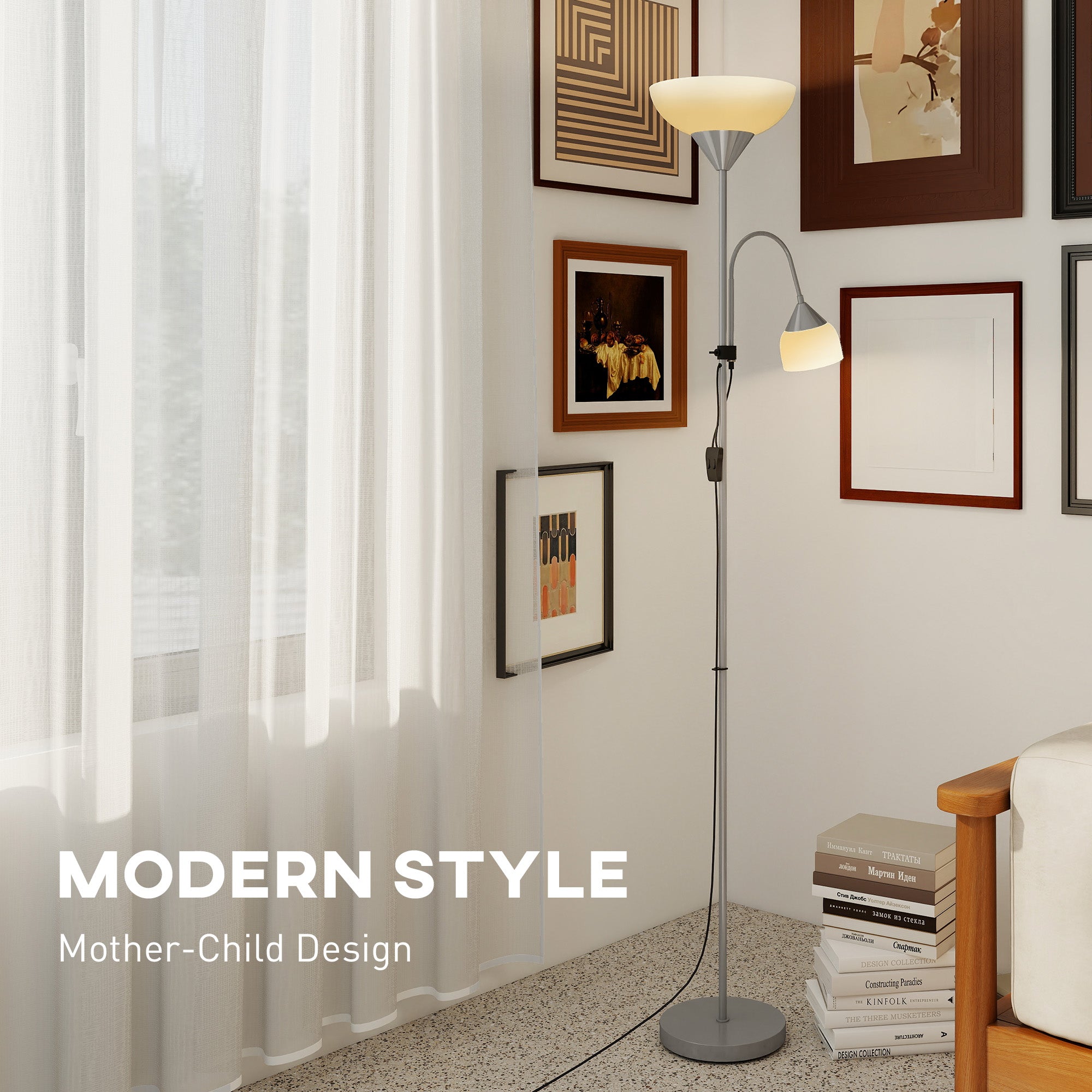 LED Floor Lamp for Living Room, 180cm Tall Standing Lamp, Mother and Child Uplighter with Adjustable Gooseneck, 3000K/4500K/6500K Colour Temperatures, Silver Tone