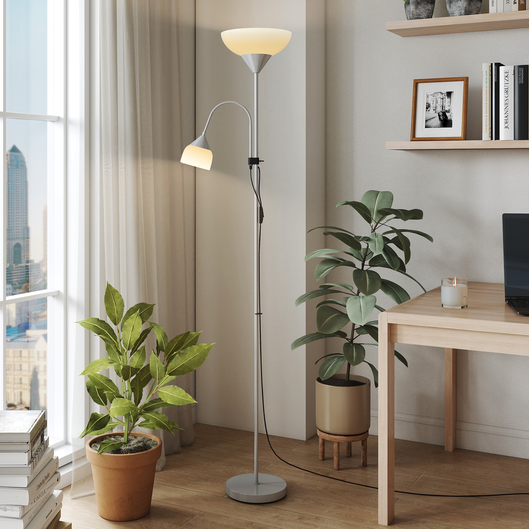 LED Floor Lamp for Living Room, 180cm Tall Standing Lamp, Mother and Child Uplighter with Adjustable Gooseneck, 3000K/4500K/6500K Colour Temperatures, Silver Tone