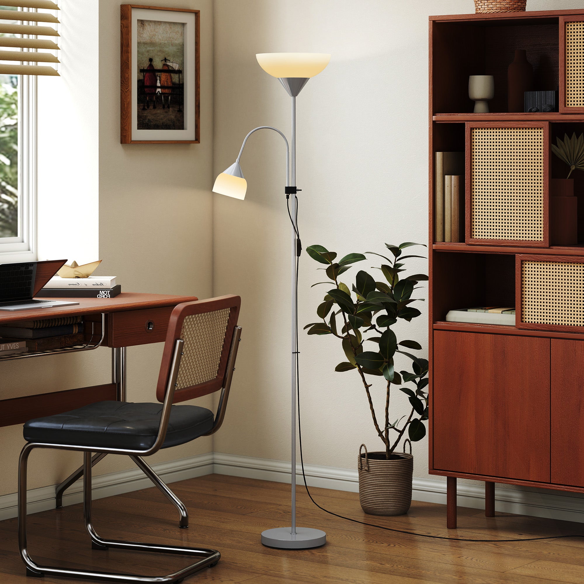 LED Floor Lamp for Living Room, 180cm Tall Standing Lamp, Mother and Child Uplighter with Adjustable Gooseneck, 3000K/4500K/6500K Colour Temperatures, Silver Tone