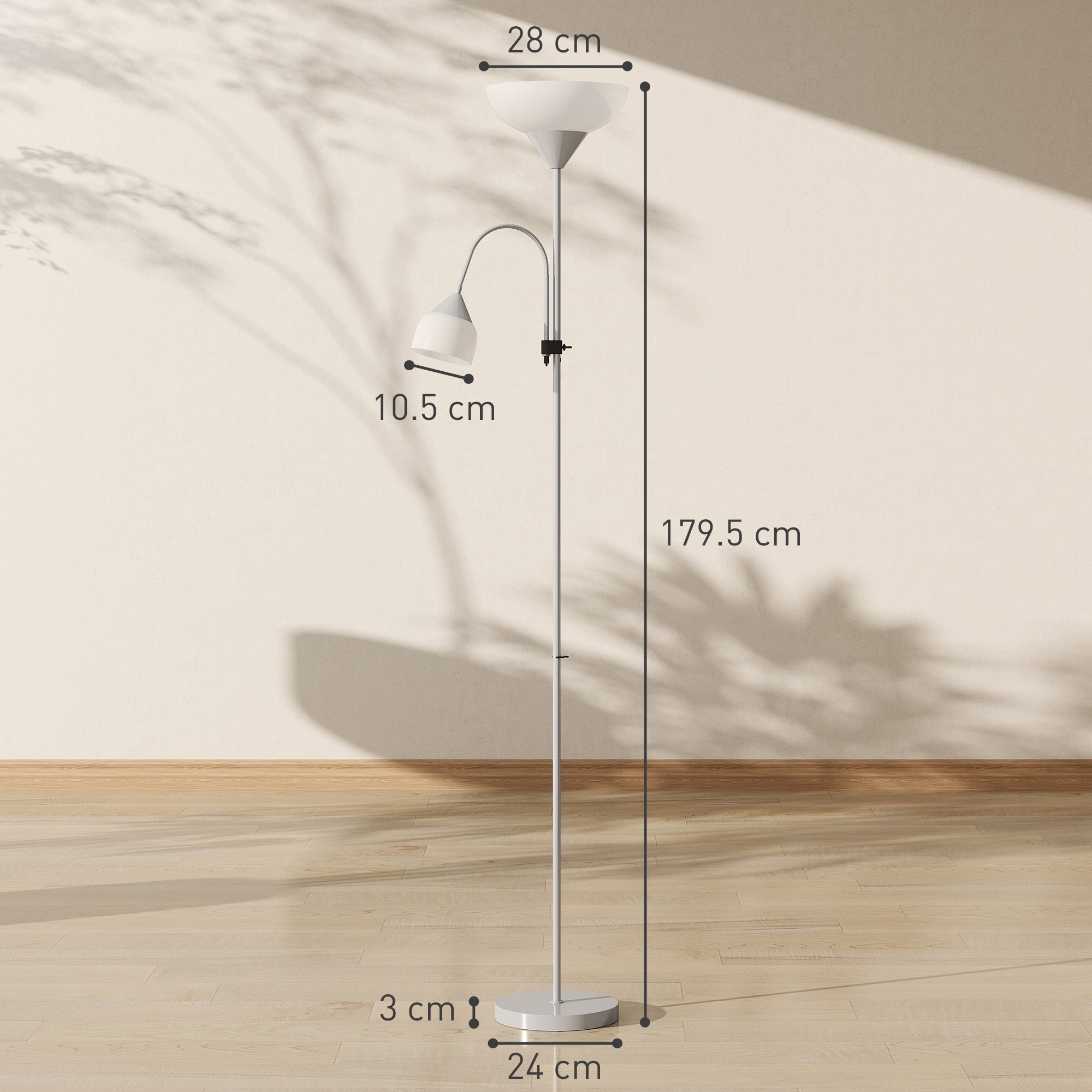 LED Floor Lamp for Living Room, 180cm Tall Standing Lamp, Mother and Child Uplighter with Adjustable Gooseneck, 3000K/4500K/6500K Colour Temperatures, Silver Tone