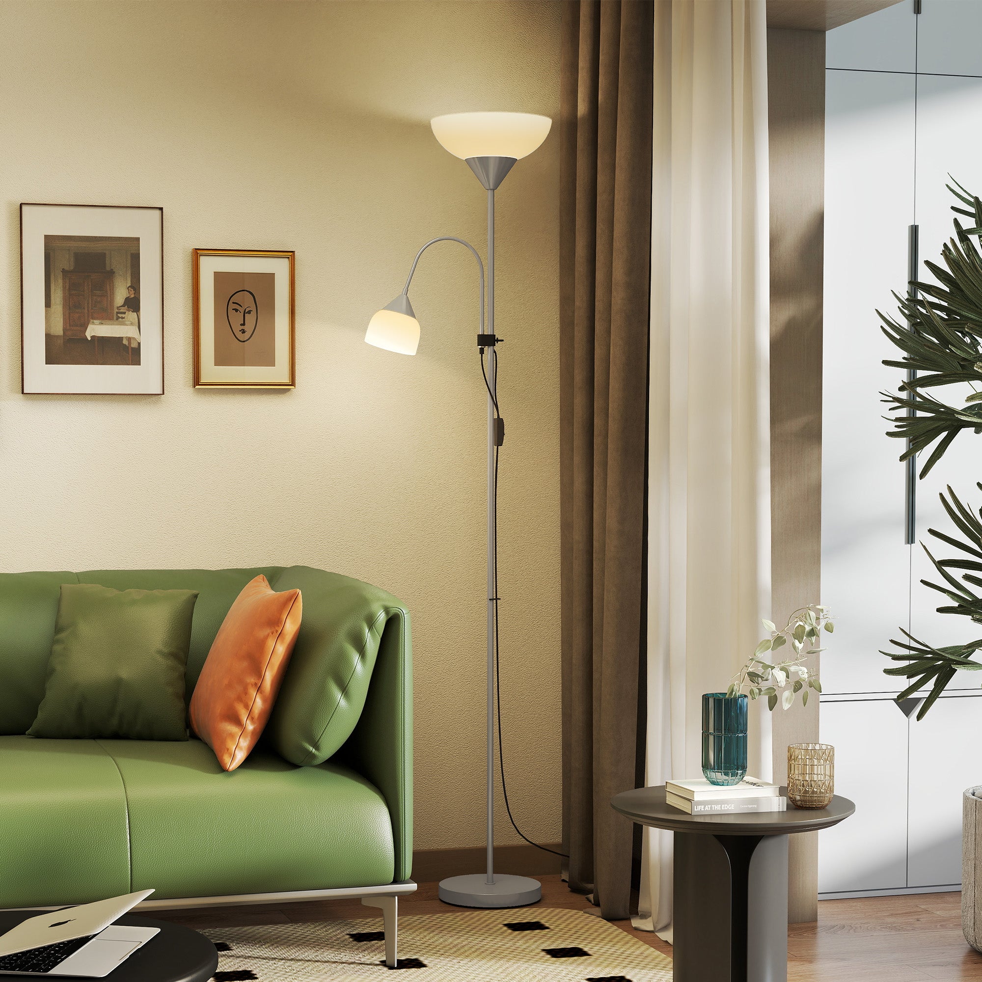 LED Floor Lamp for Living Room, 180cm Tall Standing Lamp, Mother and Child Uplighter with Adjustable Gooseneck, 3000K/4500K/6500K Colour Temperatures, Silver Tone
