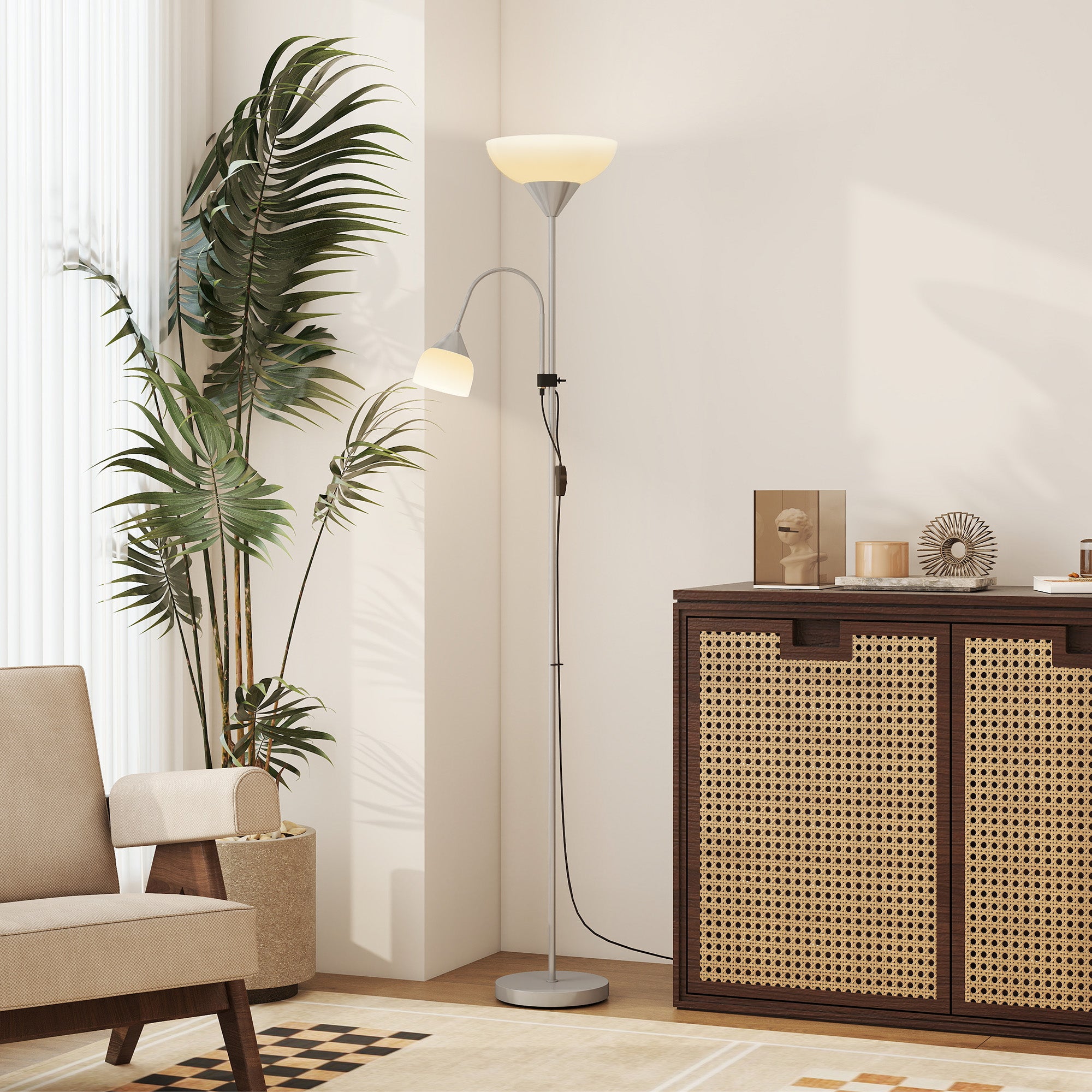 LED Floor Lamp for Living Room, 180cm Tall Standing Lamp, Mother and Child Uplighter with Adjustable Gooseneck, 3000K/4500K/6500K Colour Temperatures, Silver Tone