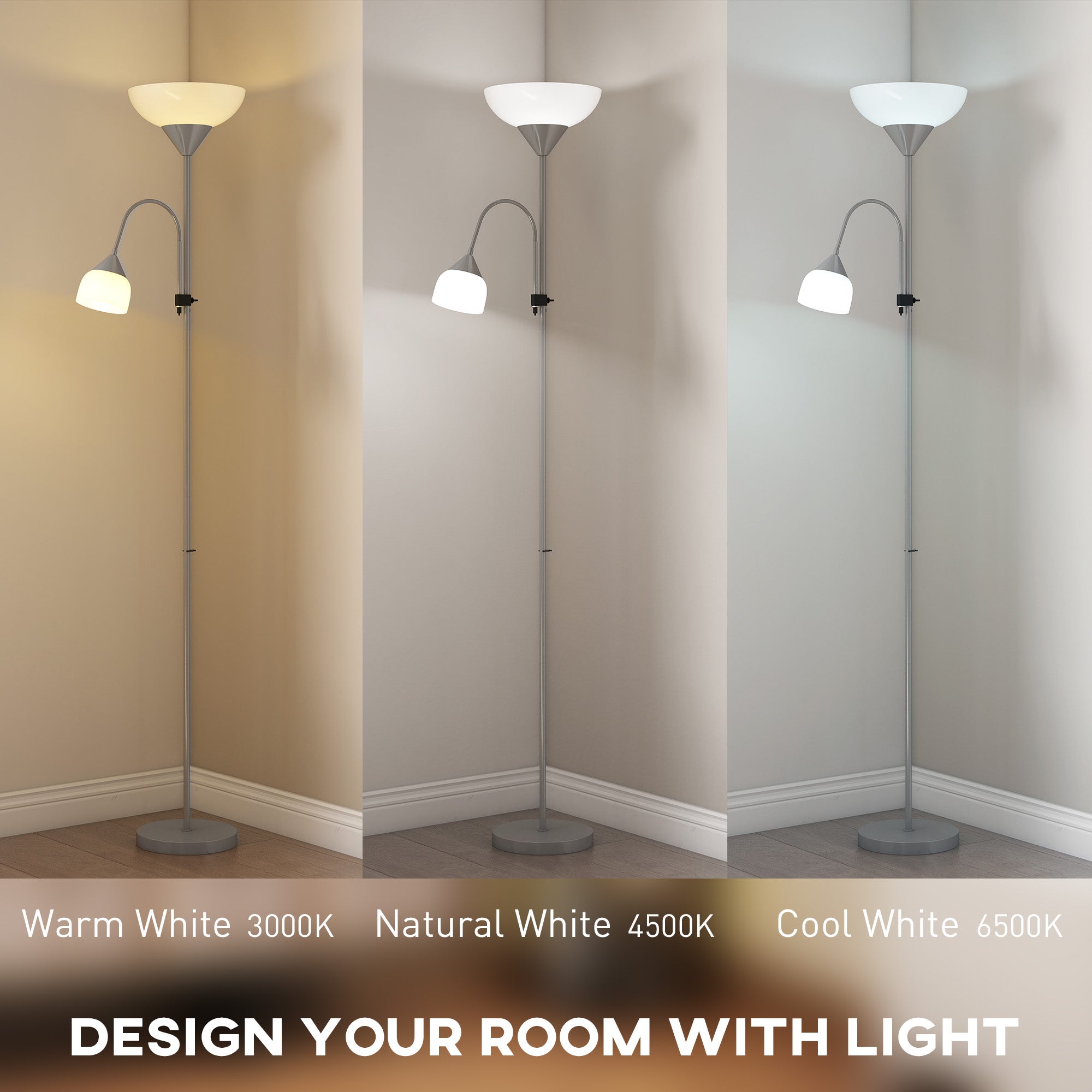LED Floor Lamp for Living Room, 180cm Tall Standing Lamp, Mother and Child Uplighter with Adjustable Gooseneck, 3000K/4500K/6500K Colour Temperatures, Silver Tone
