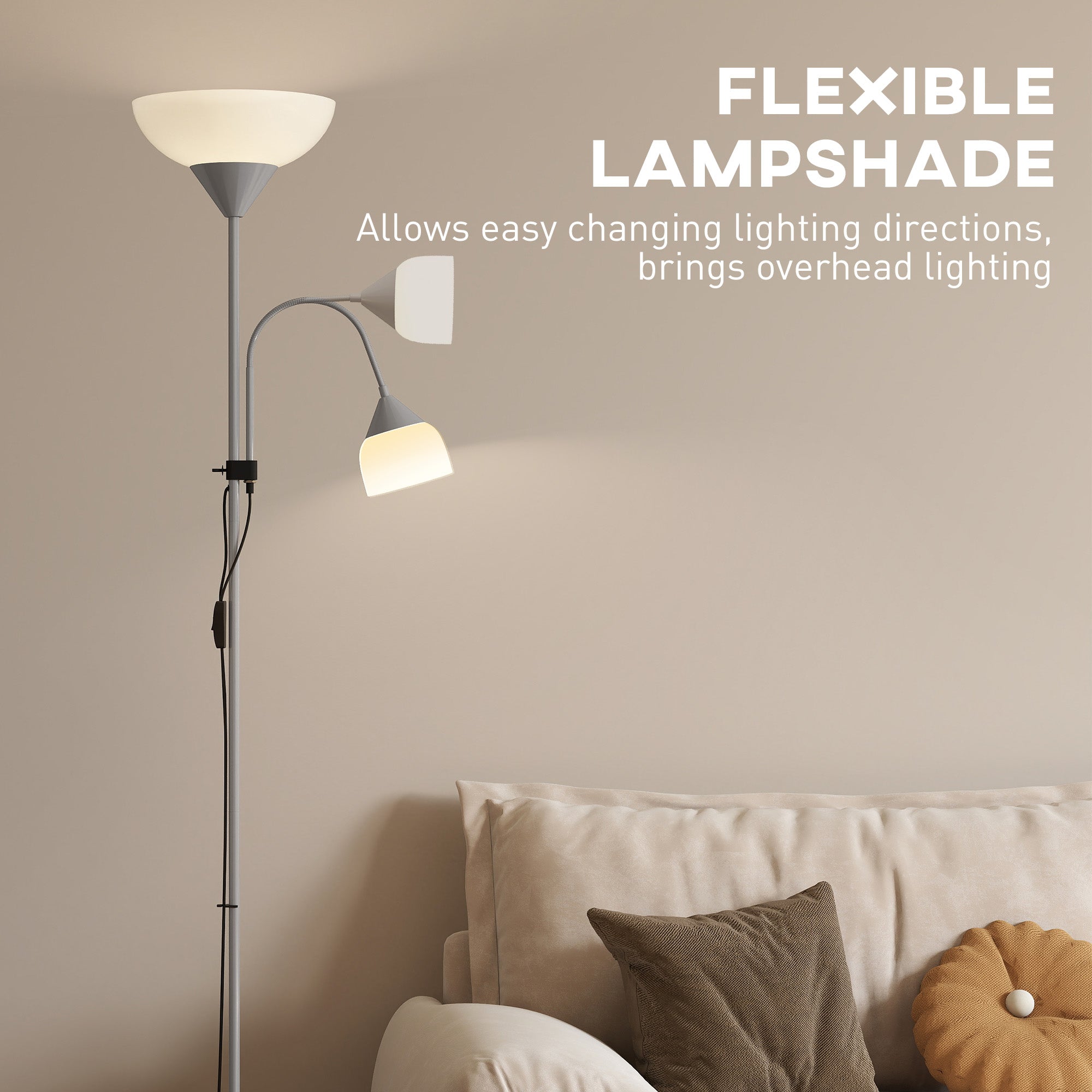 LED Floor Lamp for Living Room, 180cm Tall Standing Lamp, Mother and Child Uplighter with Adjustable Gooseneck, 3000K/4500K/6500K Colour Temperatures, Silver Tone