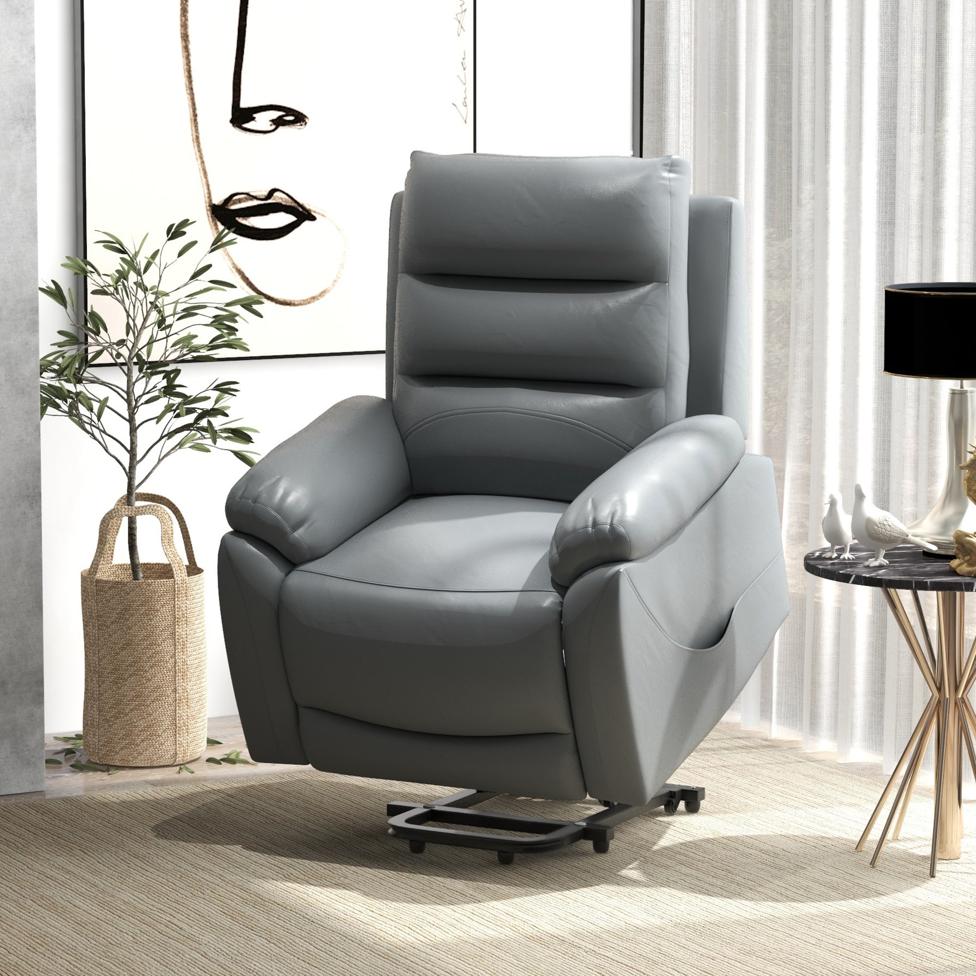 HOMCOM Electric Riser and Recliner for Elderly with 8 Vibration Massage, PU Leather Power Lift Recliner Chair for Living Room with Side Pockets, Footrest, Grey