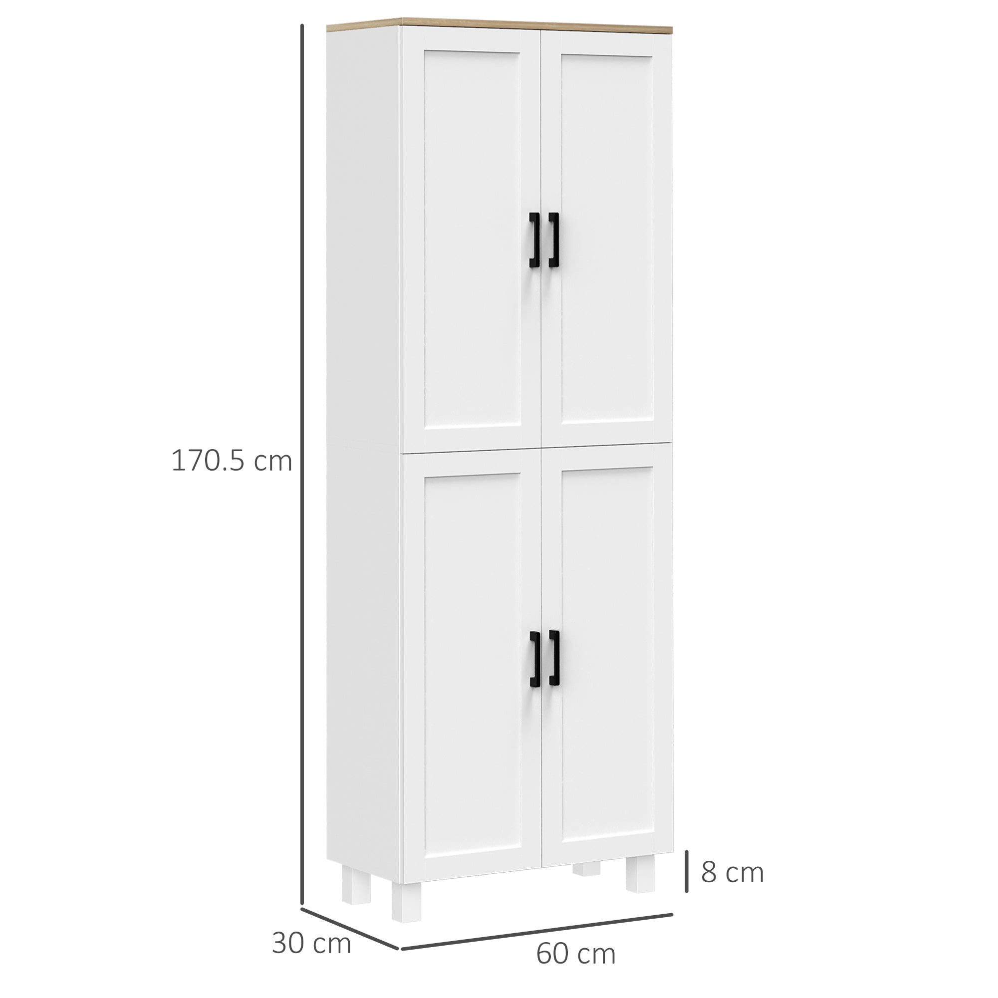 Freestanding Kitchen Cupboard, 4-Door Storage Cabinet with Adjustable Shelves, Modern Kitchen Pantry for Dining Room, 170cm, White Embossed Wood Grain